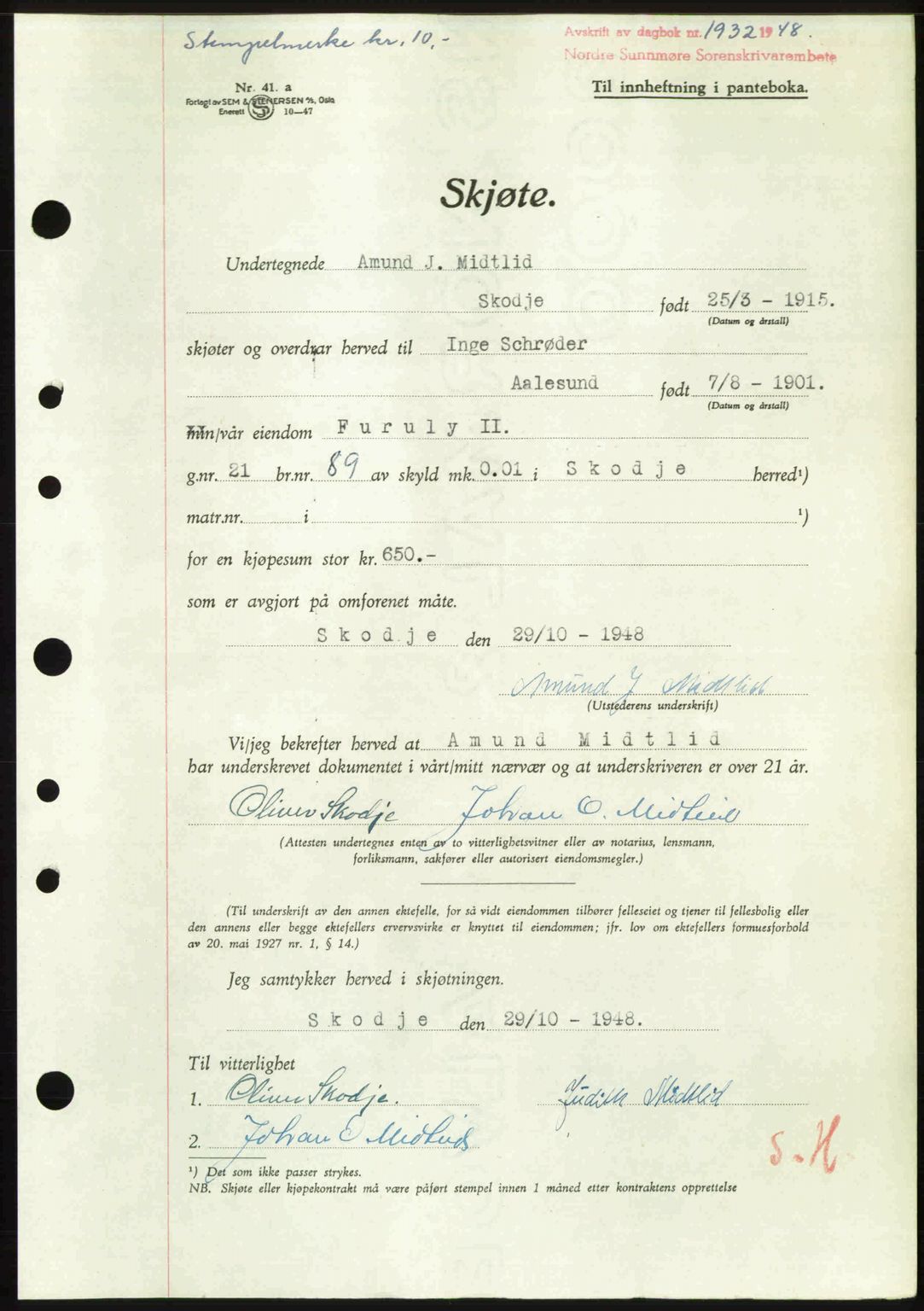 Nordre Sunnmøre sorenskriveri, AV/SAT-A-0006/1/2/2C/2Ca: Pantebok nr. A29, 1948-1949, Dagboknr: 1932/1948