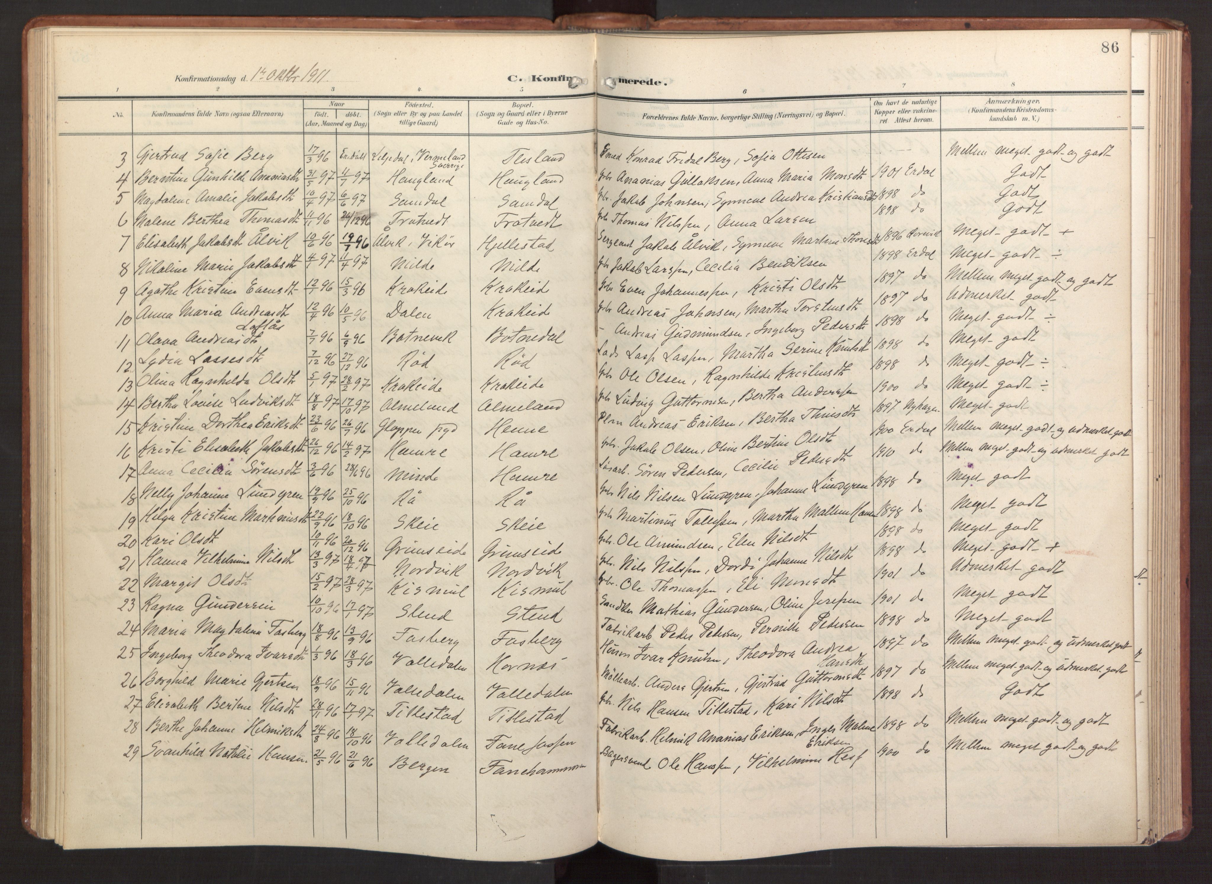 Fana Sokneprestembete, AV/SAB-A-75101/H/Haa/Haab/L0004: Ministerialbok nr. B 4, 1908-1915, s. 86
