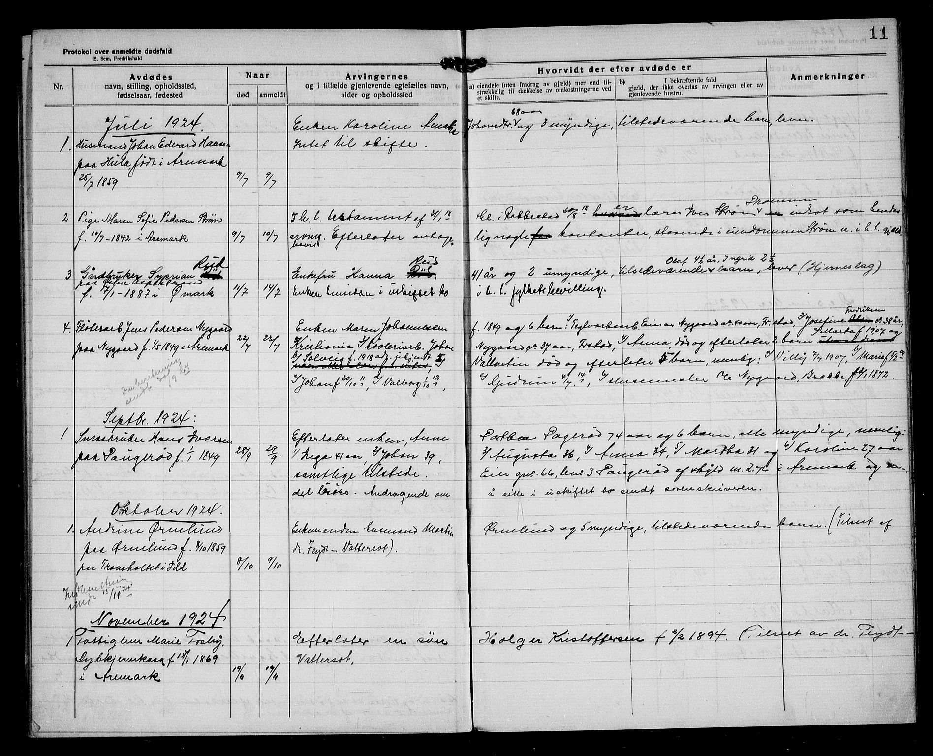 Aremark lensmannskontor, AV/SAO-A-10631/H/Ha/L0004: Dødsfallsprotokoll, 1922-1933, s. 11