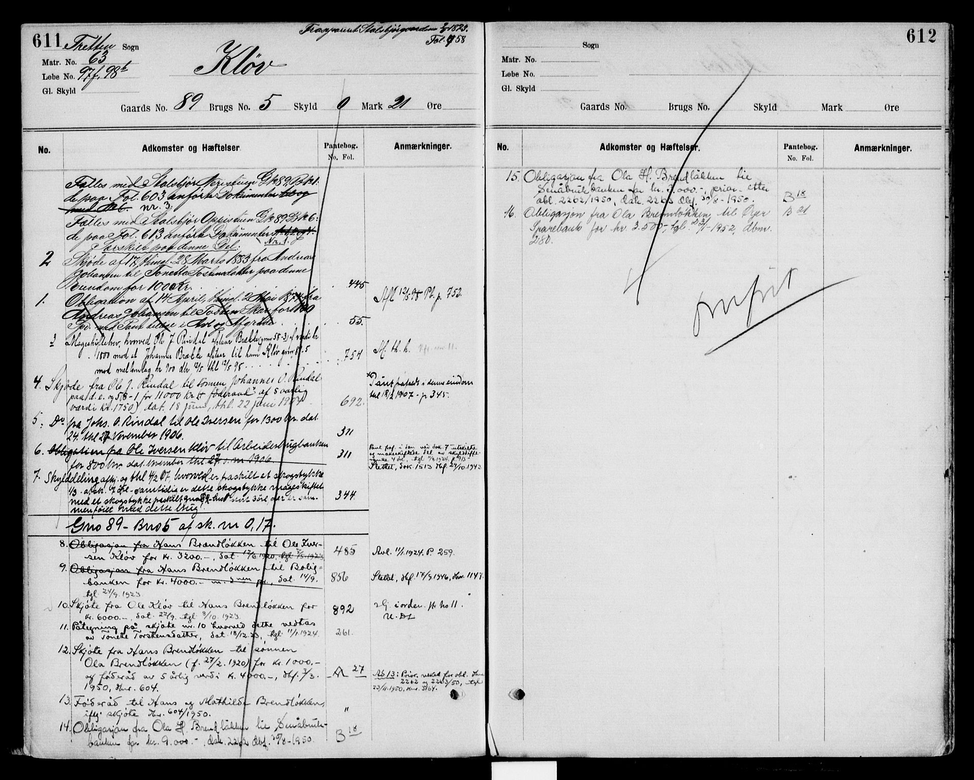 Sør-Gudbrandsdal tingrett, SAH/TING-004/H/Ha/Hah/L0016: Panteregister nr. 3.16, 1892-1954, s. 611-612