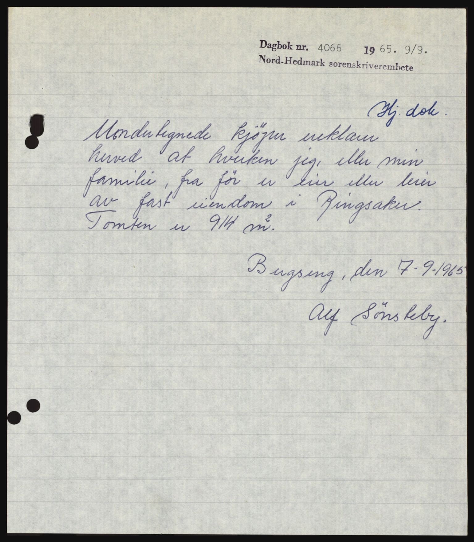 Nord-Hedmark sorenskriveri, SAH/TING-012/H/Hc/L0022: Pantebok nr. 22, 1965-1965, Dagboknr: 4066/1965