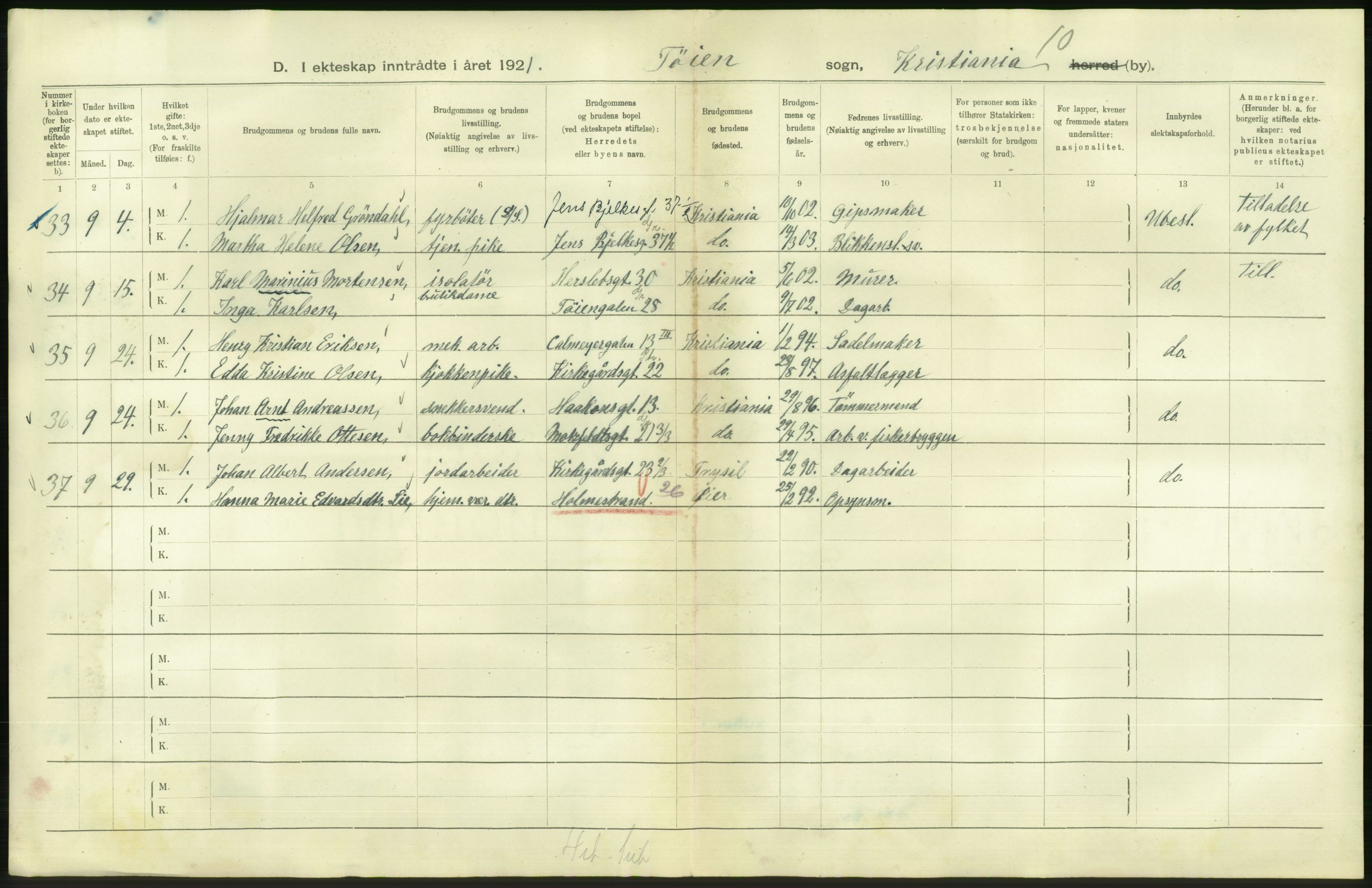 Statistisk sentralbyrå, Sosiodemografiske emner, Befolkning, RA/S-2228/D/Df/Dfc/Dfca/L0011: Kristiania: Gifte, 1921, s. 828