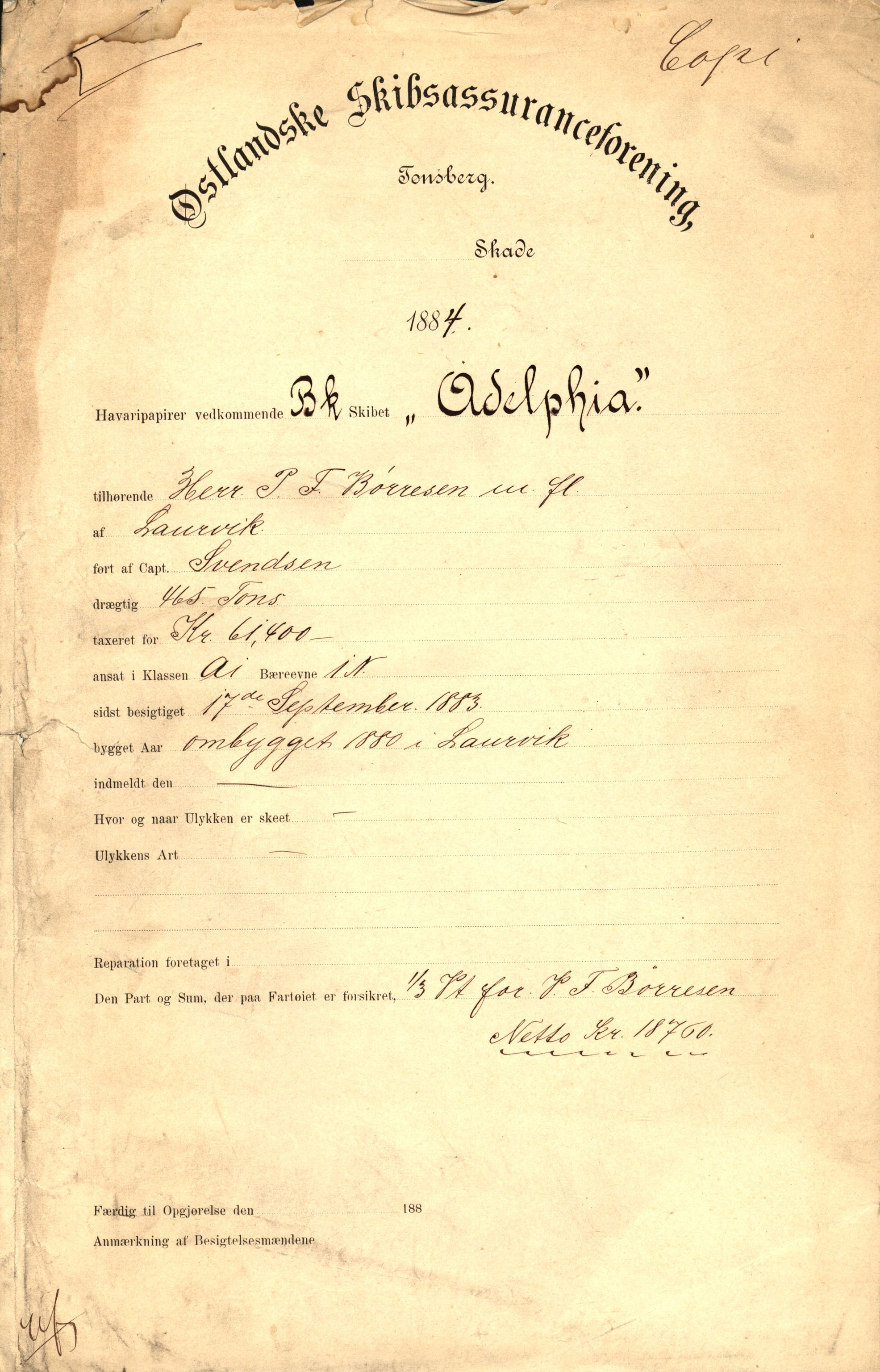 Pa 63 - Østlandske skibsassuranceforening, VEMU/A-1079/G/Ga/L0017/0009: Havaridokumenter / Agnese, Agnes, Adelphia, Kvik, Varnæs, 1884, s. 43