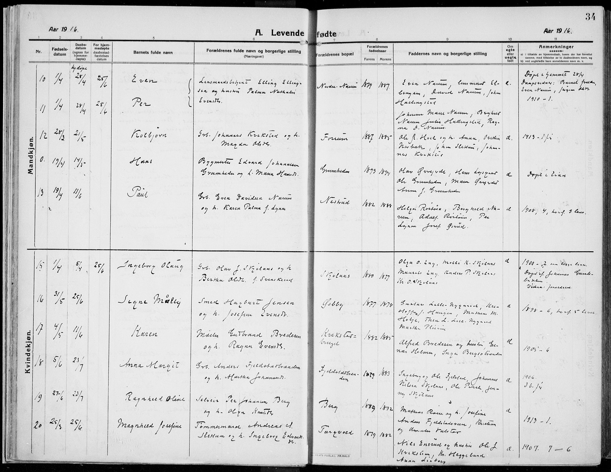 Kolbu prestekontor, AV/SAH-PREST-110/H/Ha/Haa/L0002: Ministerialbok nr. 2, 1912-1926, s. 34