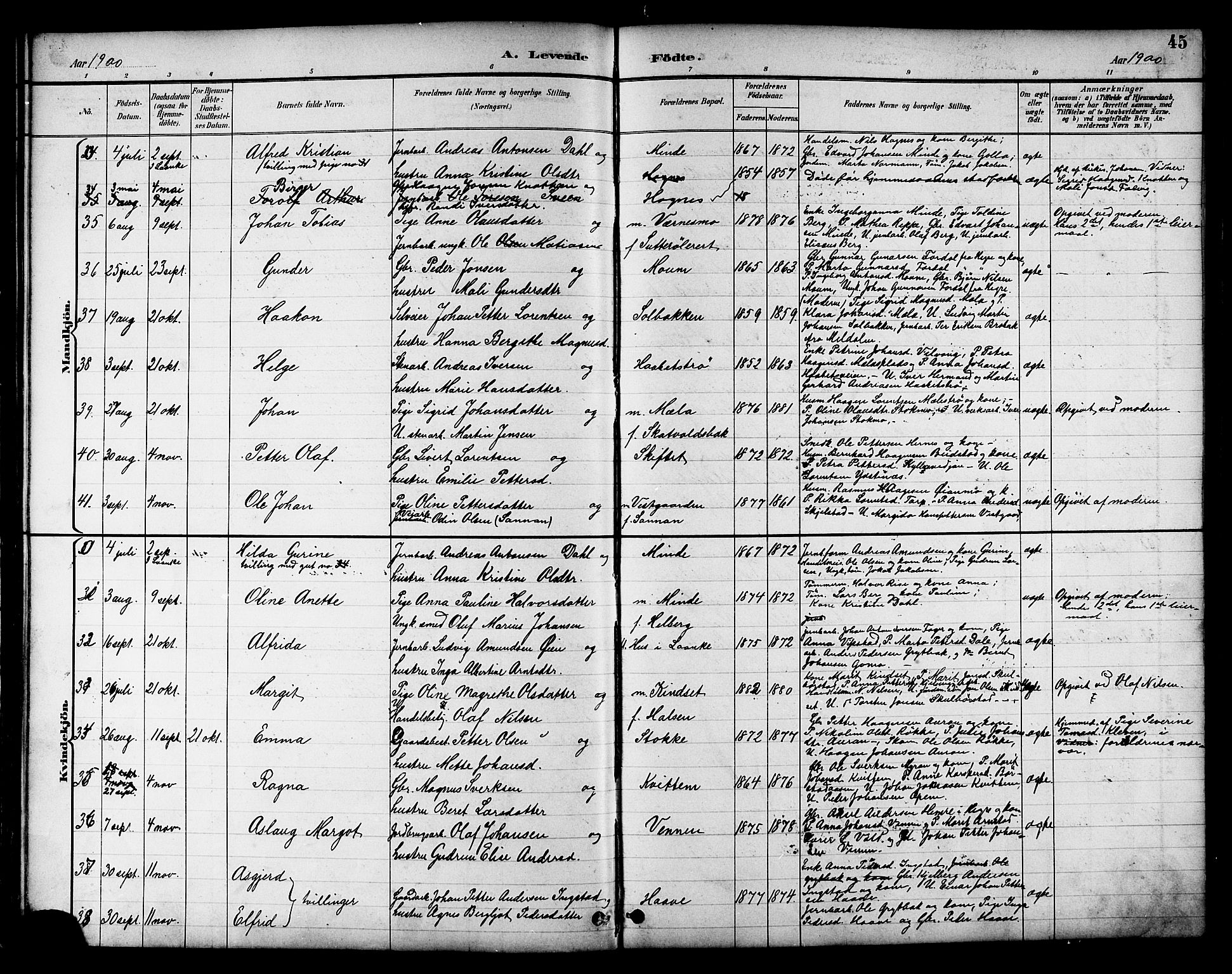 Ministerialprotokoller, klokkerbøker og fødselsregistre - Nord-Trøndelag, AV/SAT-A-1458/709/L0087: Klokkerbok nr. 709C01, 1892-1913, s. 45