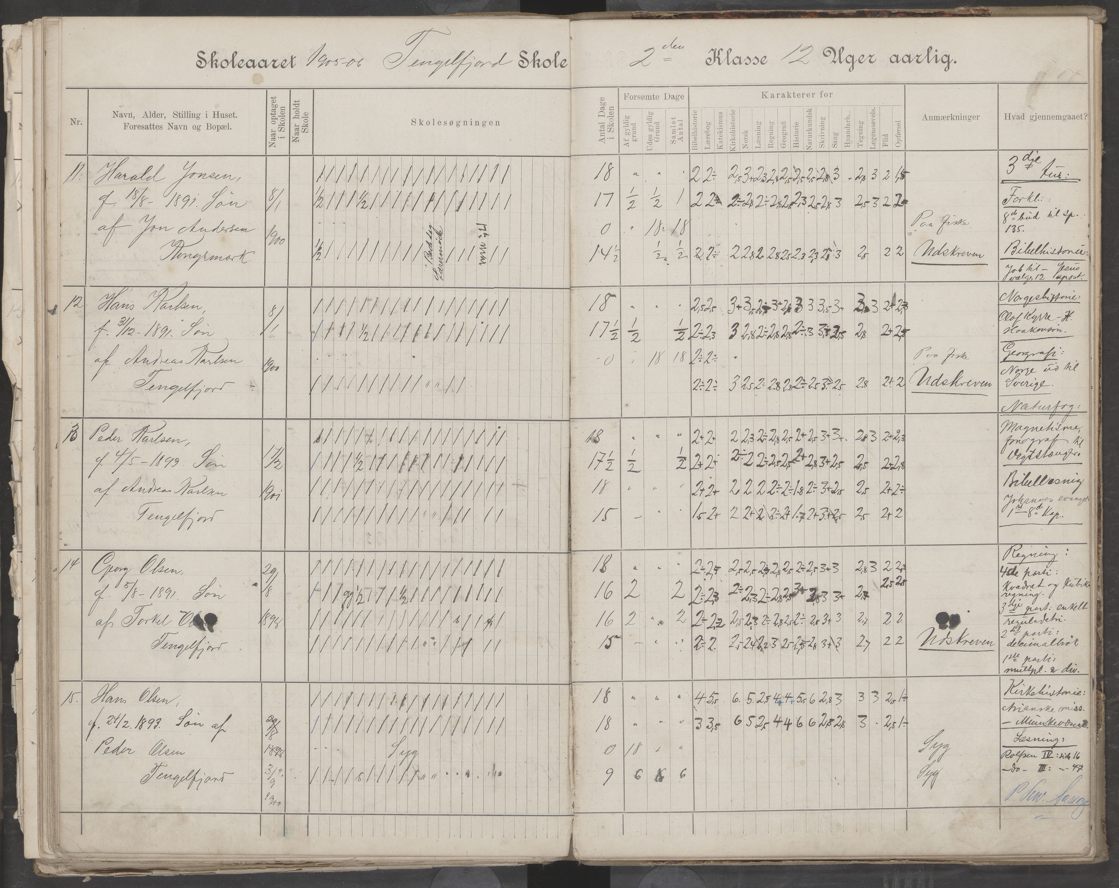 Hadsel kommune. Tengelfjord skolekrets, AIN/K-18660.510.04/G/L0001: Skoleprotokoll for Tengelfjord skole, 1899-1908