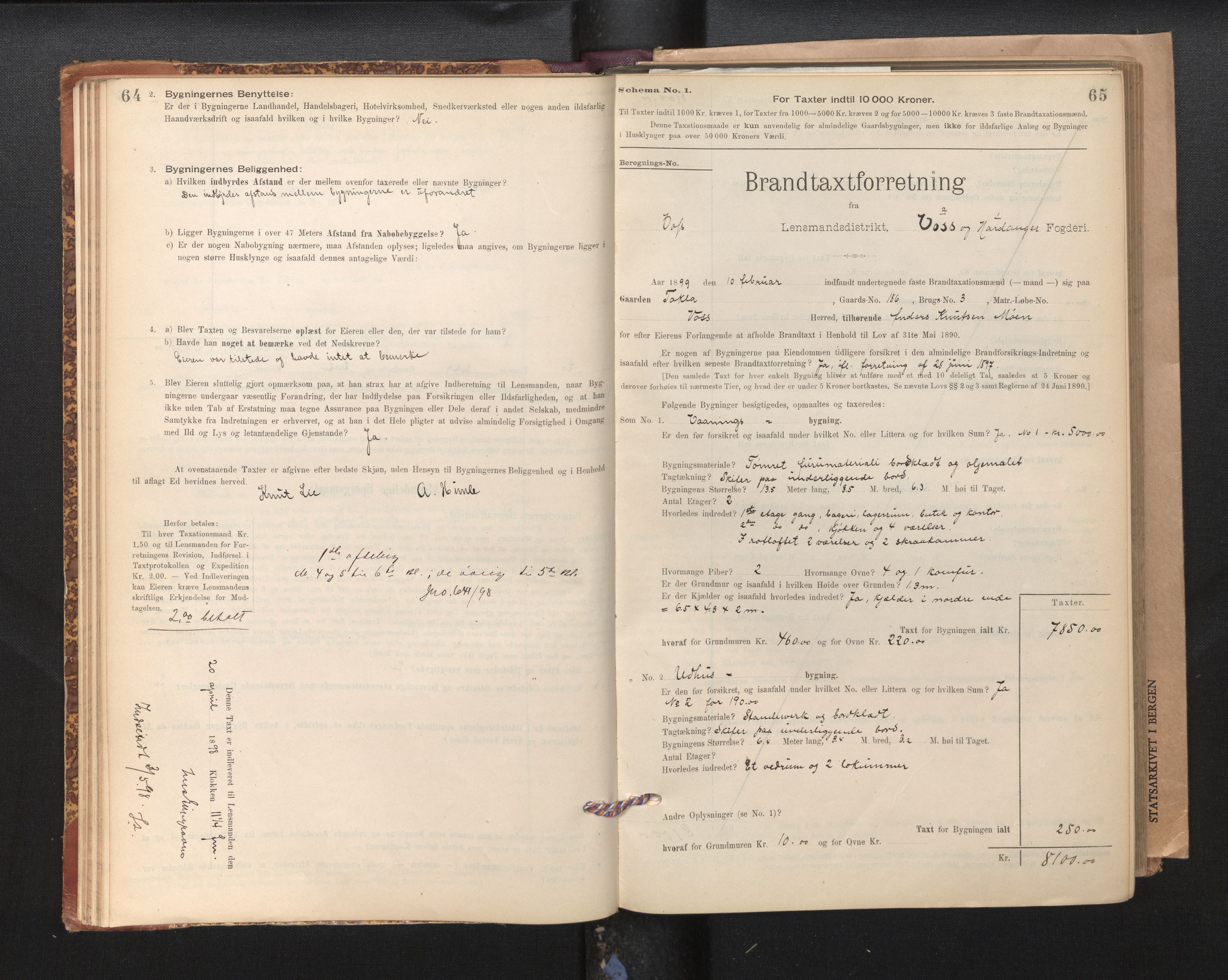 Lensmannen i Voss, SAB/A-35801/0012/L0008: Branntakstprotokoll, skjematakst, 1895-1945, s. 64-65