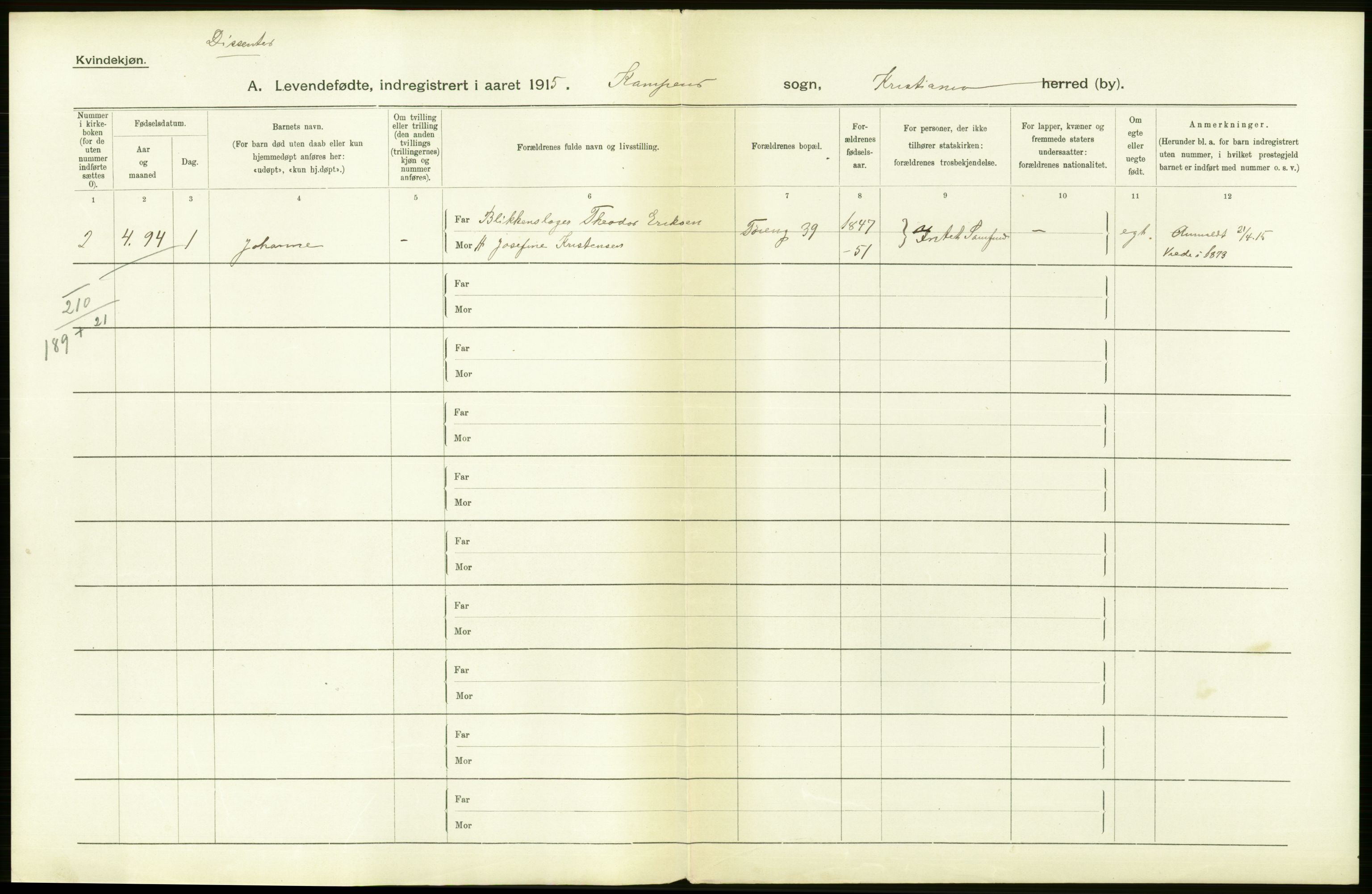 Statistisk sentralbyrå, Sosiodemografiske emner, Befolkning, AV/RA-S-2228/D/Df/Dfb/Dfbe/L0006: Kristiania: Levendefødte menn og kvinner., 1915, s. 450