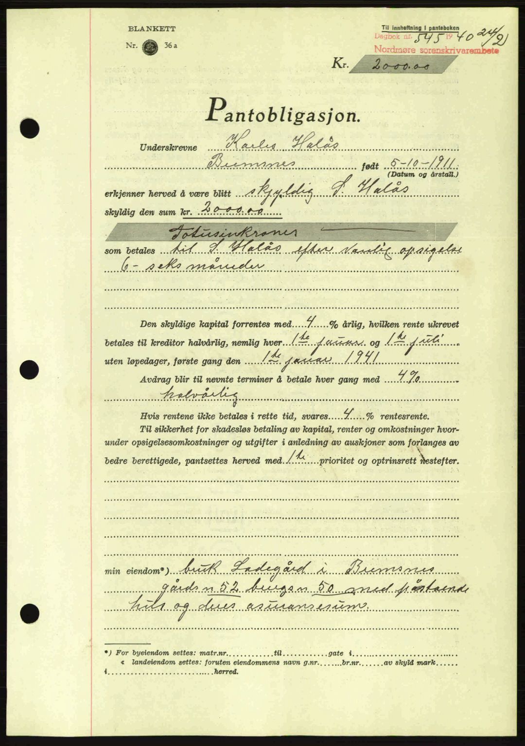 Nordmøre sorenskriveri, AV/SAT-A-4132/1/2/2Ca: Pantebok nr. B86, 1939-1940, Dagboknr: 545/1940