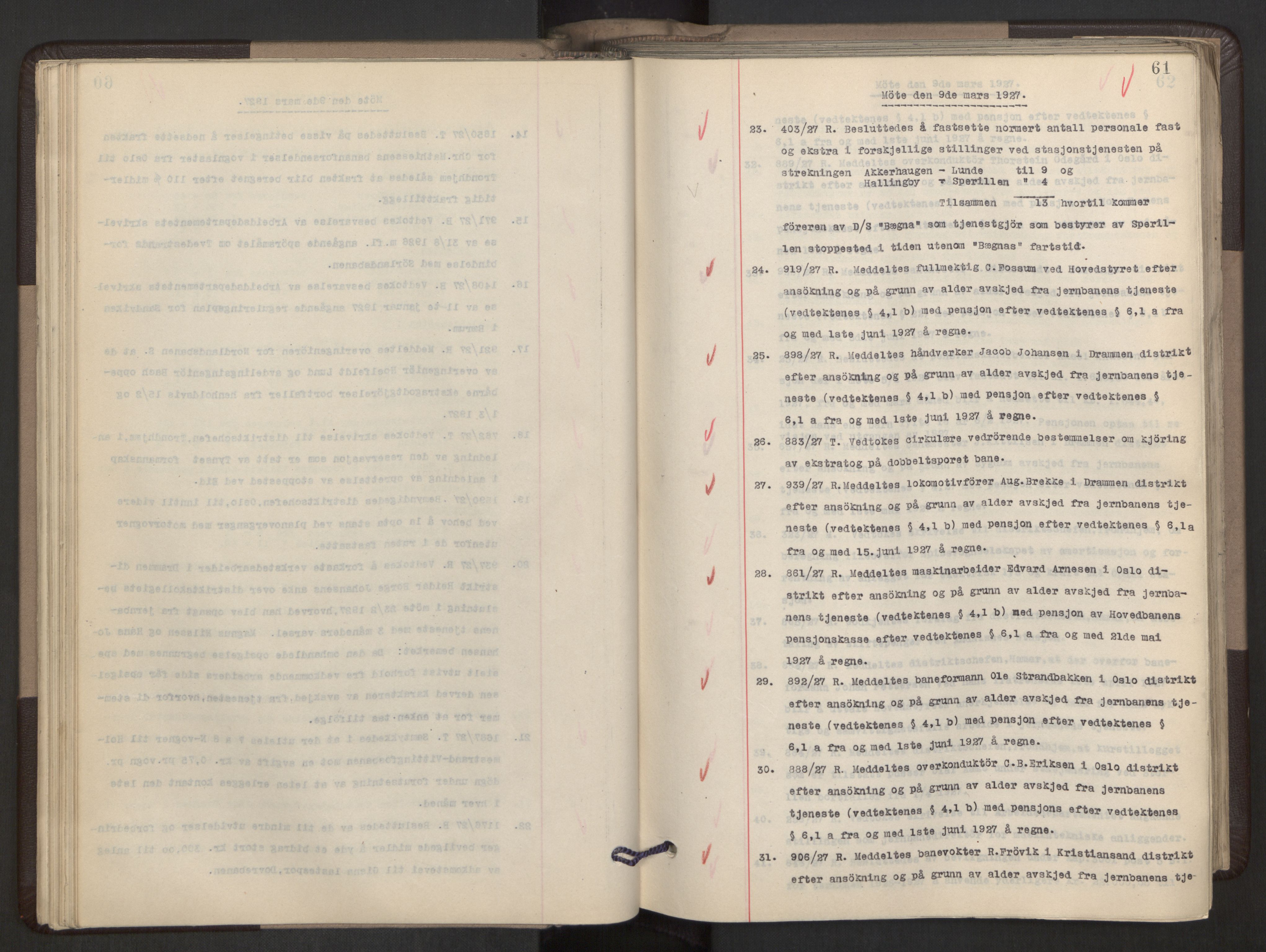 Norges statsbaner, Administrasjons- økonomi- og personalavdelingen, AV/RA-S-3412/A/Aa/L0021: Forhandlingsprotokoll, 1927-1928, s. 61