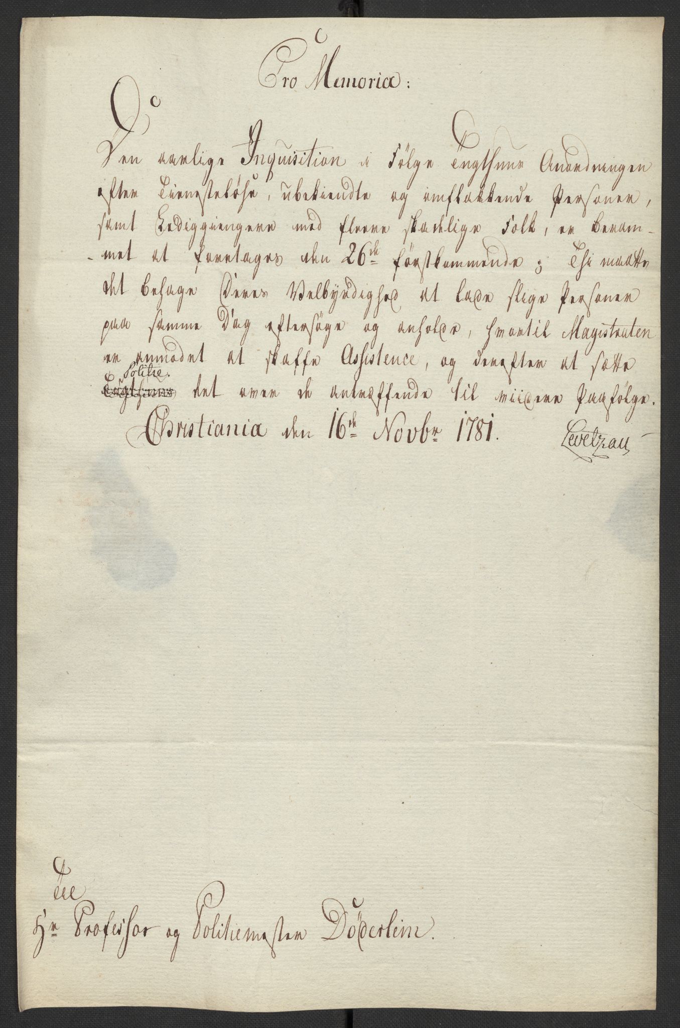 Oslo politidistrikt, AV/SAO-A-10085/D/Da/L0003: Innkomne brev, pro memoria m.v., 1781, s. 93