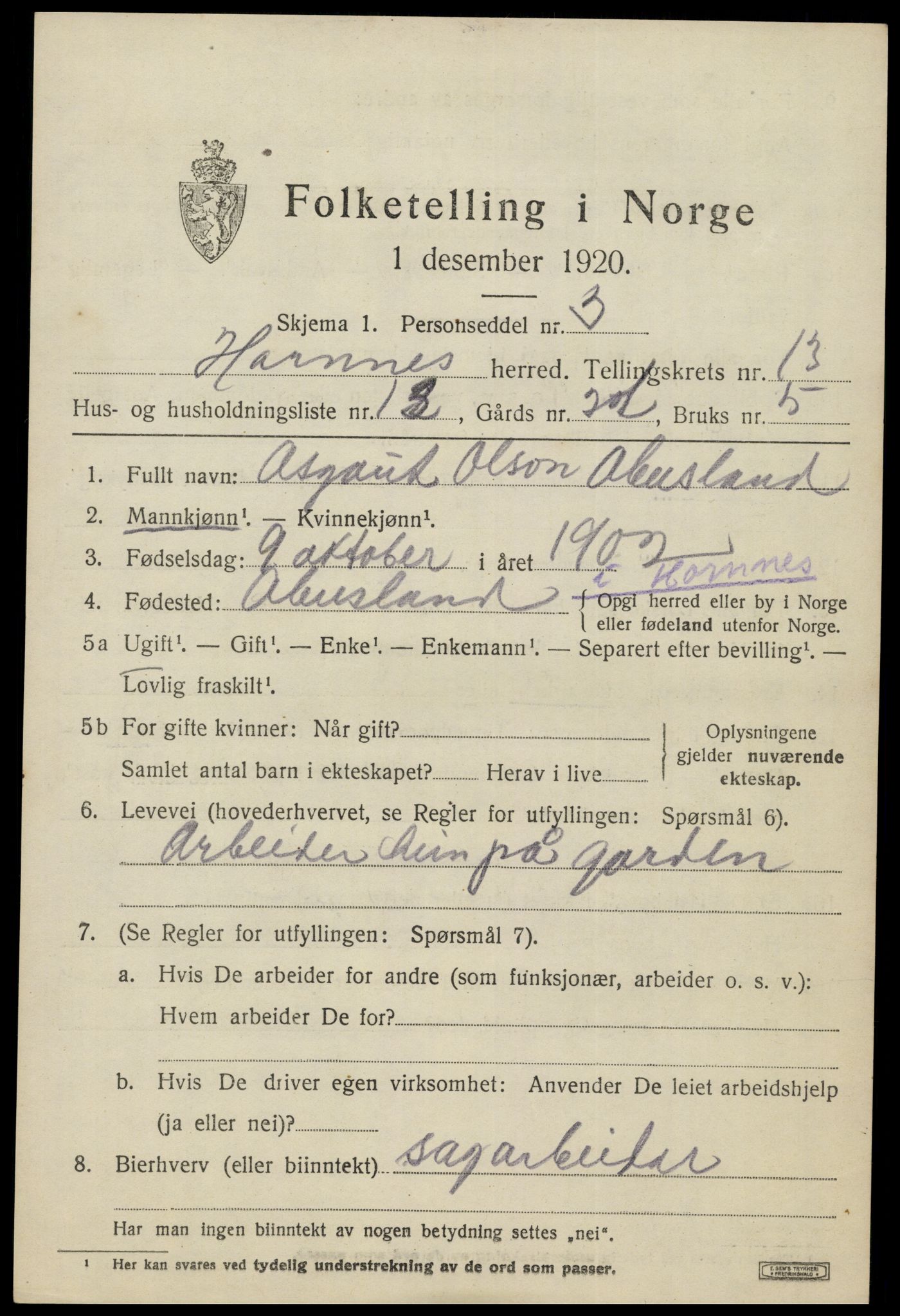 SAK, Folketelling 1920 for 0936 Hornnes herred, 1920, s. 3231
