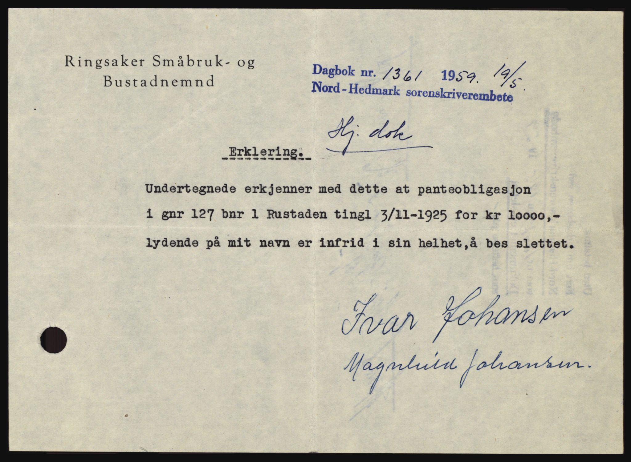 Nord-Hedmark sorenskriveri, SAH/TING-012/H/Hc/L0013: Pantebok nr. 13, 1959-1960, Dagboknr: 1361/1959