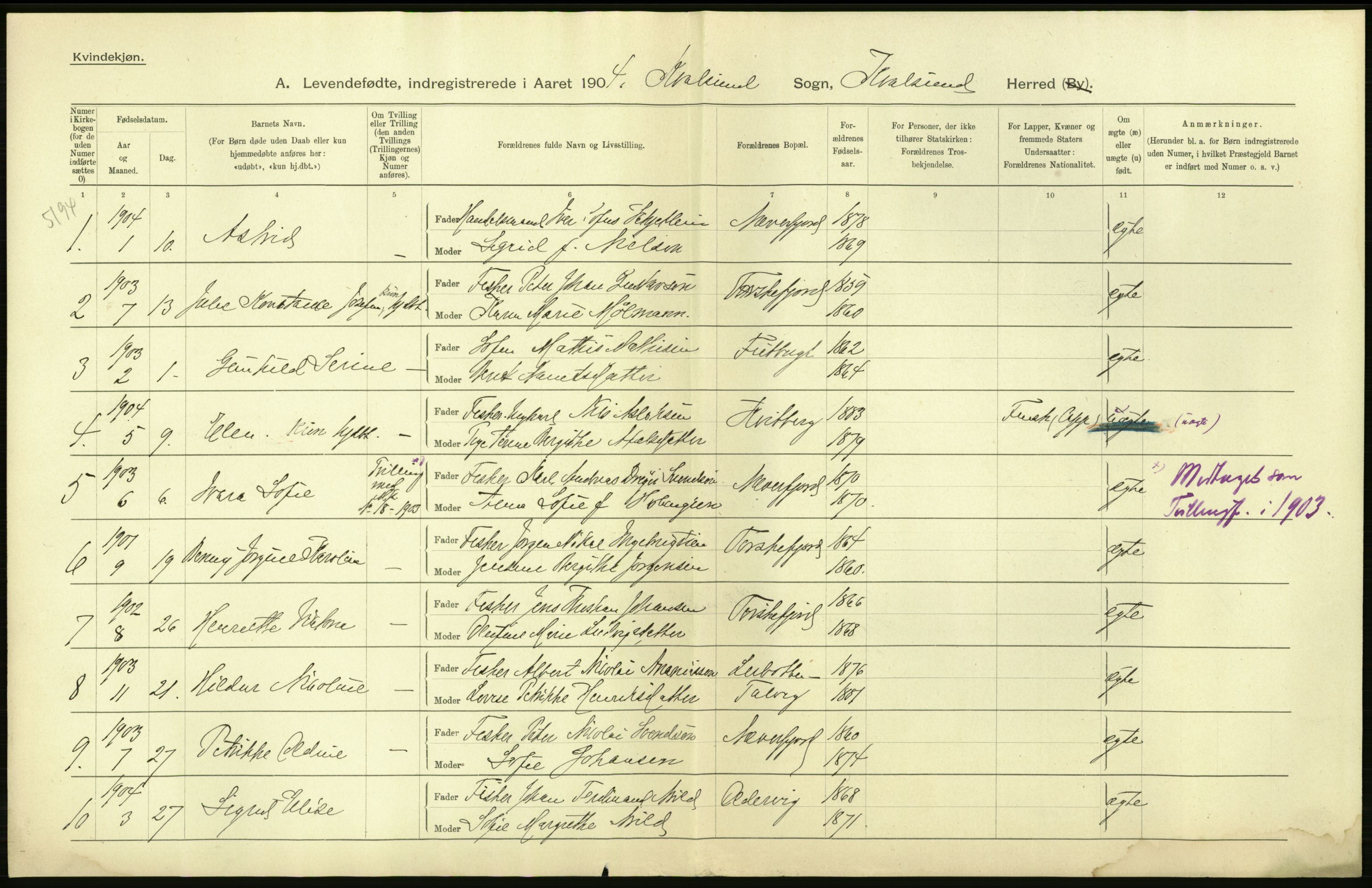 Statistisk sentralbyrå, Sosiodemografiske emner, Befolkning, AV/RA-S-2228/D/Df/Dfa/Dfab/L0023: Finnmarkens amt: Fødte, gifte, døde, 1904, s. 14