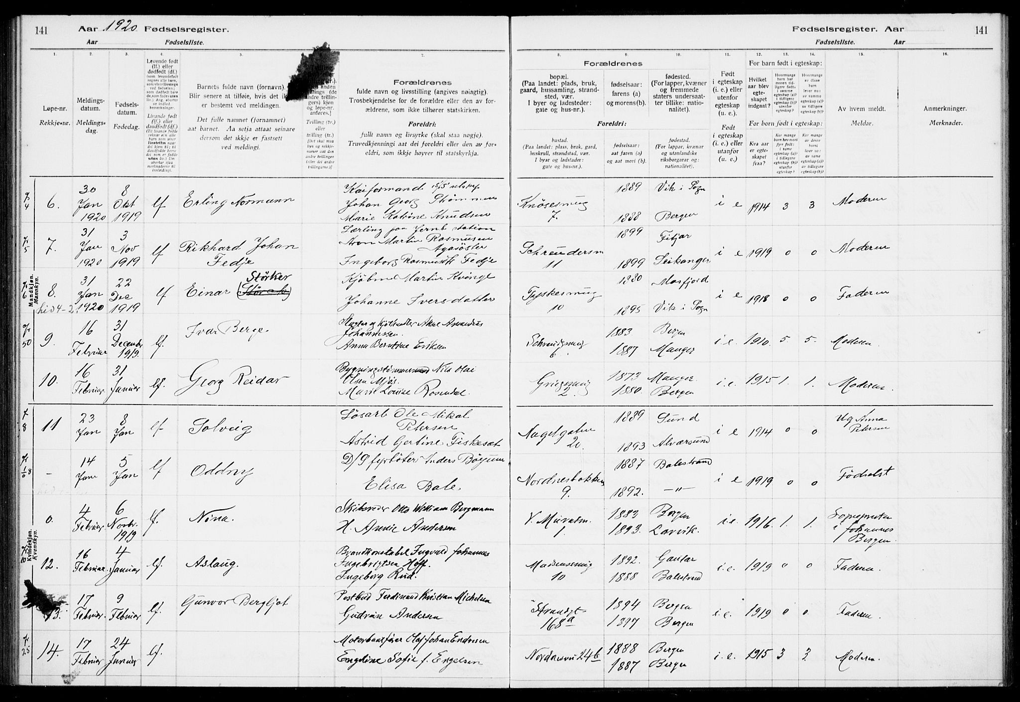 Nykirken Sokneprestembete, AV/SAB-A-77101/I/Id/L00A1: Fødselsregister nr. A 1, 1916-1922, s. 141