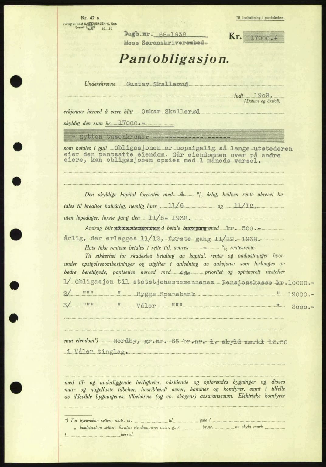 Moss sorenskriveri, SAO/A-10168: Pantebok nr. B4, 1937-1938, Dagboknr: 68/1938
