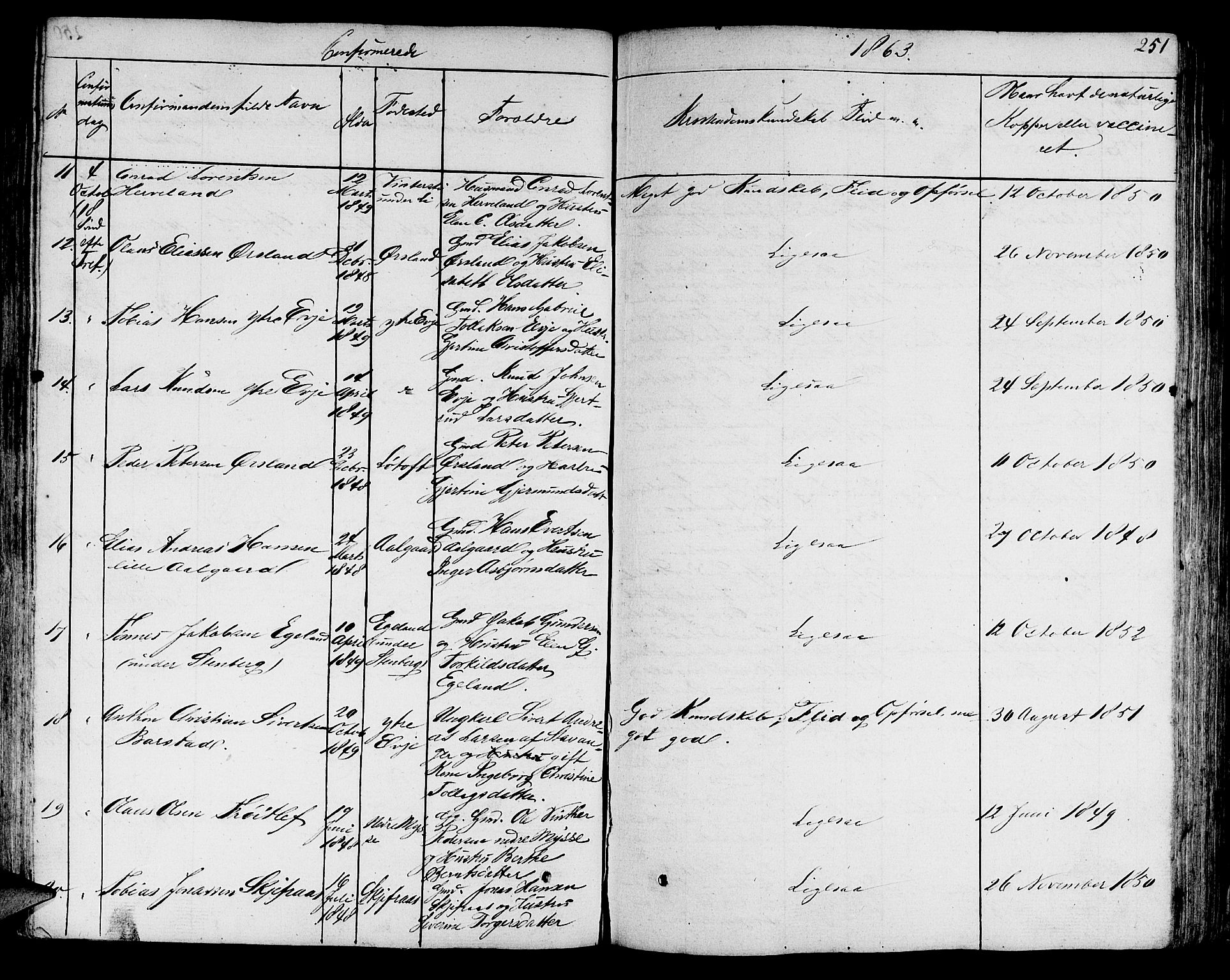 Sokndal sokneprestkontor, SAST/A-101808: Klokkerbok nr. B 2, 1849-1865, s. 251
