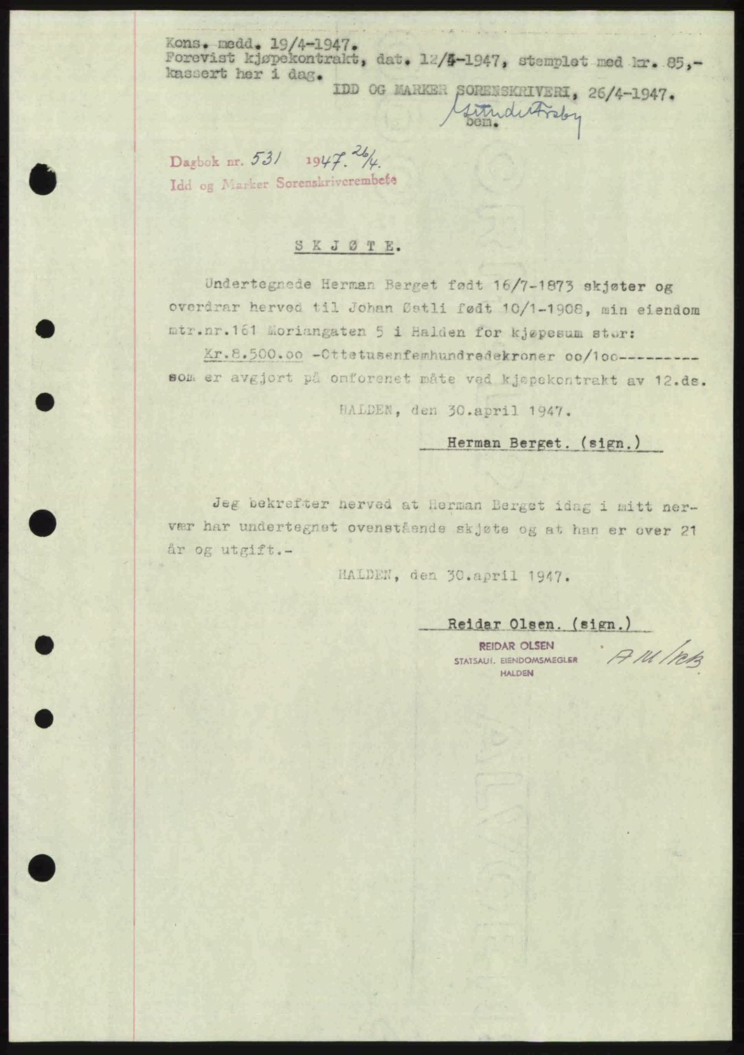 Idd og Marker sorenskriveri, SAO/A-10283/G/Gb/Gbb/L0009: Pantebok nr. A9, 1946-1947, Dagboknr: 531/1947