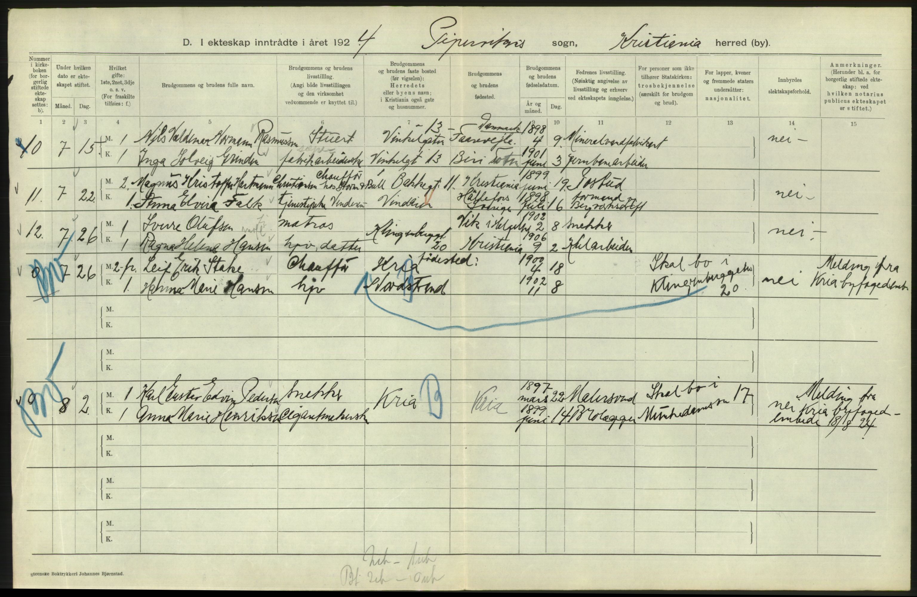 Statistisk sentralbyrå, Sosiodemografiske emner, Befolkning, AV/RA-S-2228/D/Df/Dfc/Dfcd/L0007: Kristiania: Gifte, 1924, s. 684