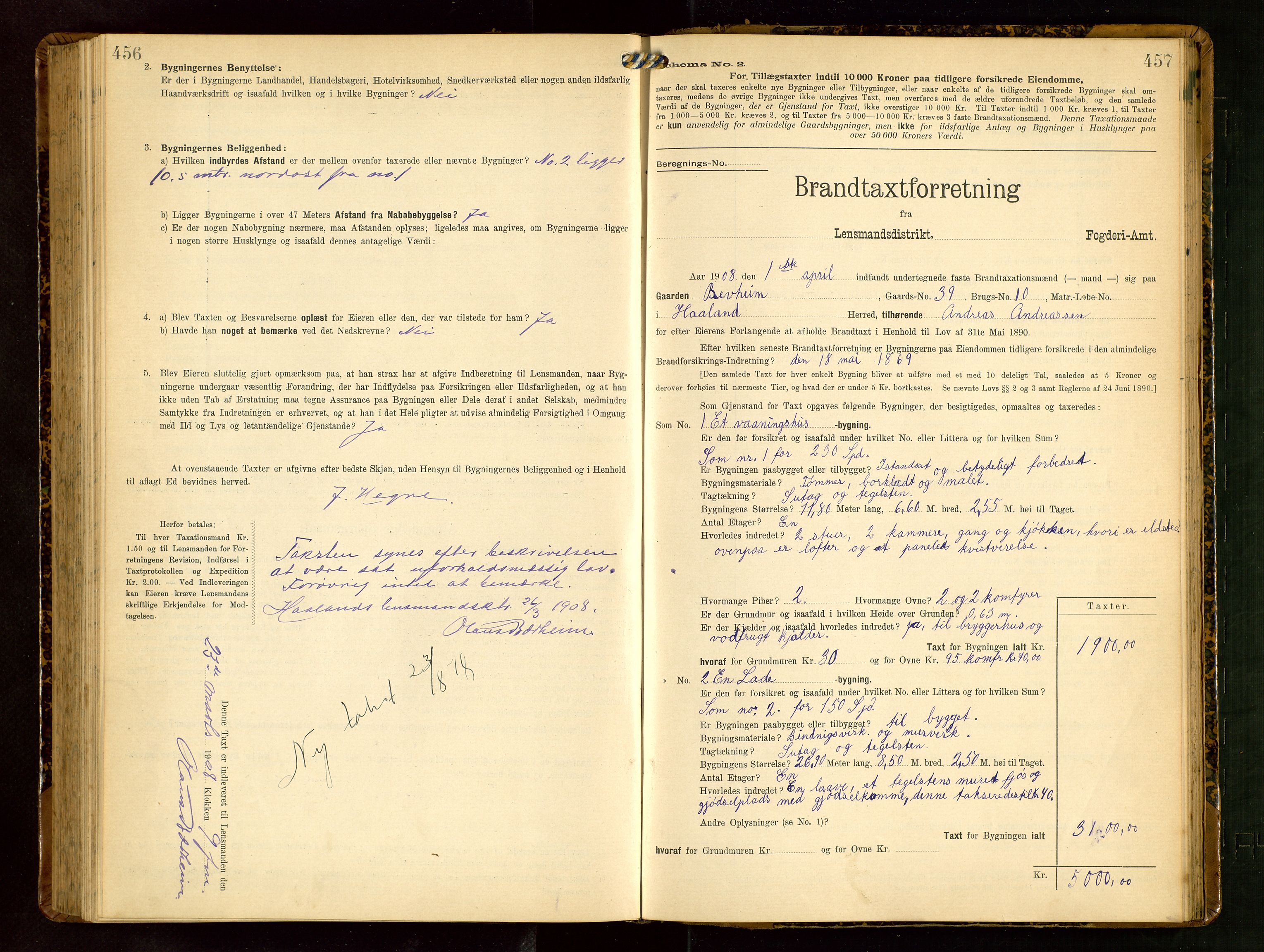 Håland lensmannskontor, AV/SAST-A-100100/Gob/L0003: Branntakstprotokoll - skjematakst. Register i boken., 1909-1910, s. 456-457