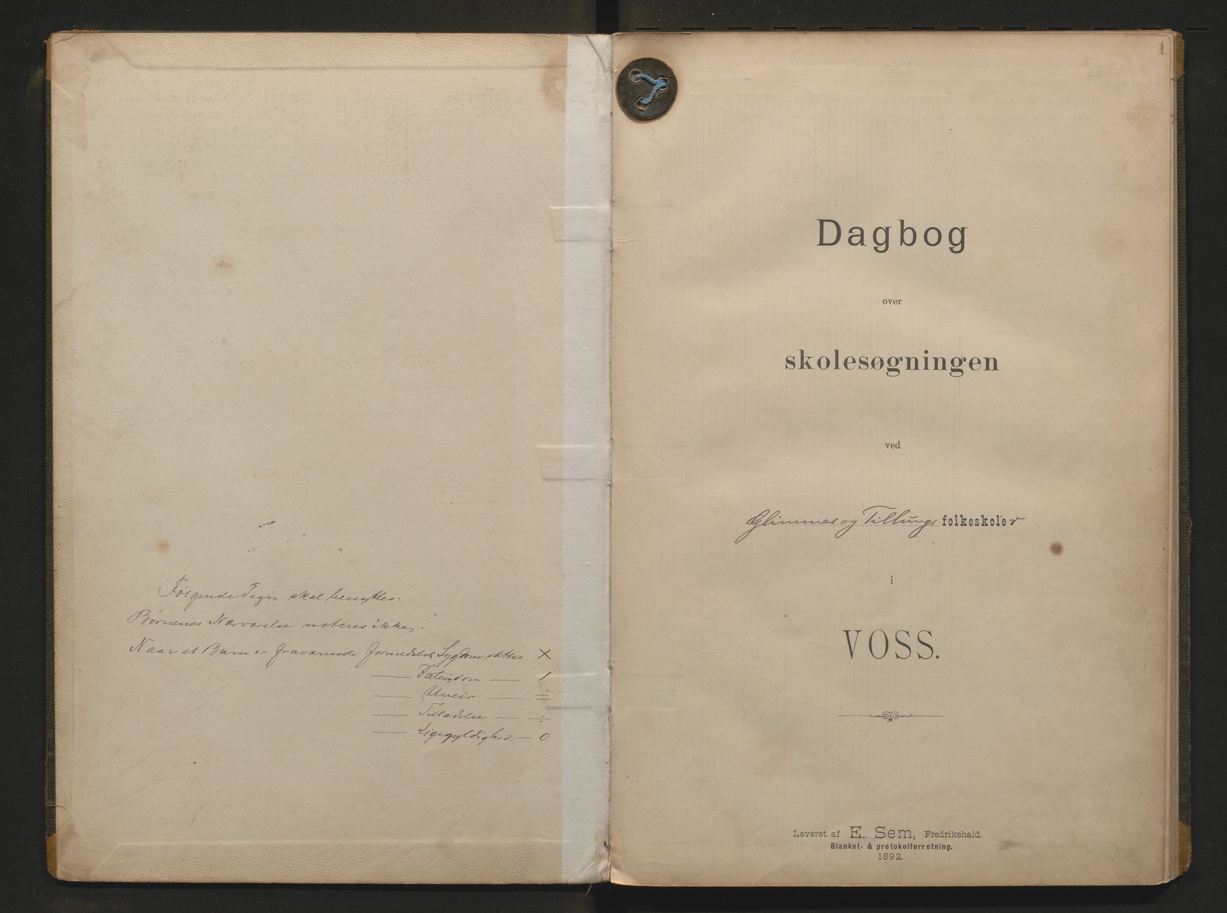 Voss kommune. Barneskulane, IKAH/1235-231/G/Gi/L0003: Dagbok for Glimme og Tillung skular m/inventarliste, 1892-1907