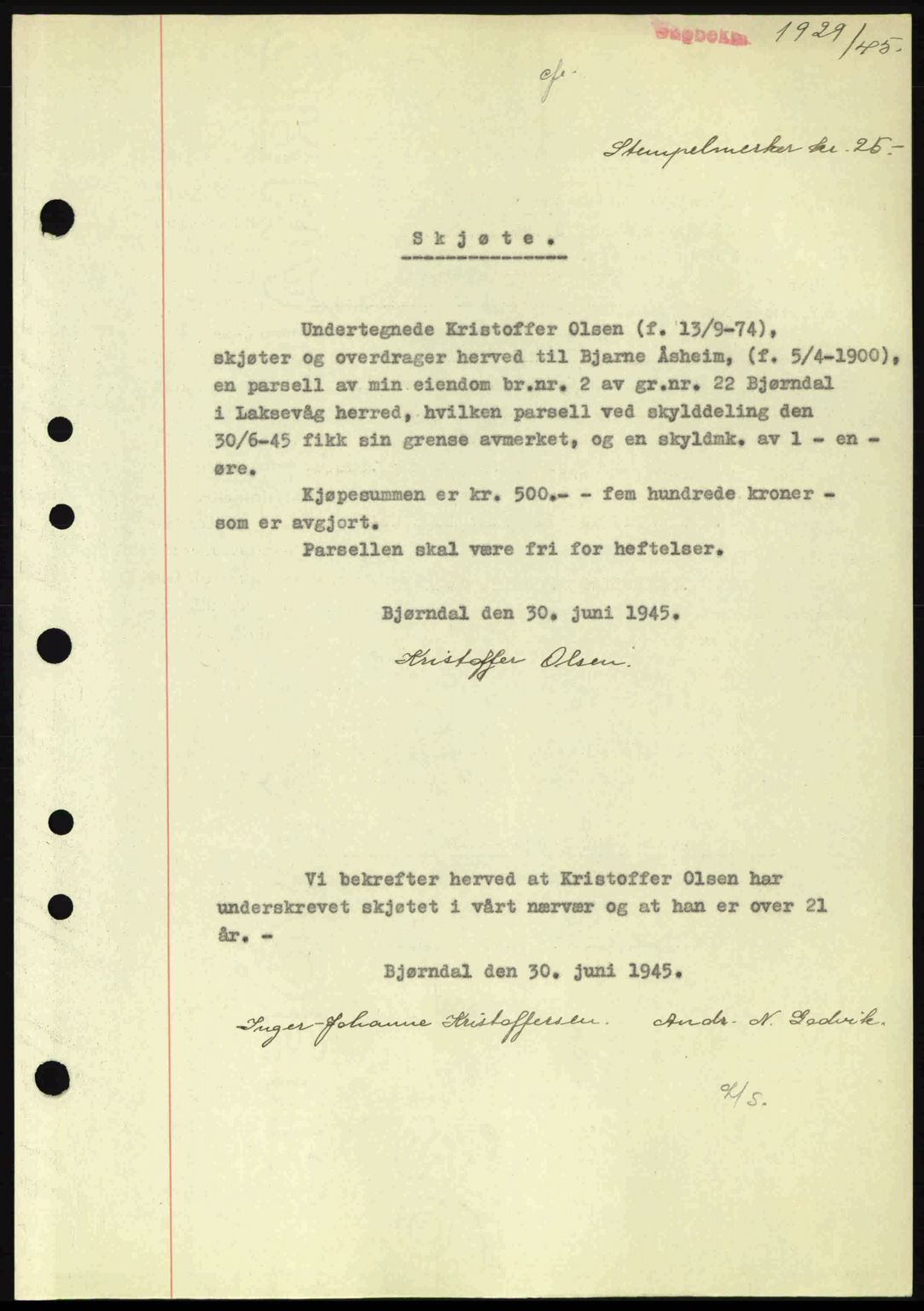 Midhordland sorenskriveri, SAB/A-3001/1/G/Gb/Gbk/L0008: Pantebok nr. A36-41, 1944-1945, Dagboknr: 1929/1945
