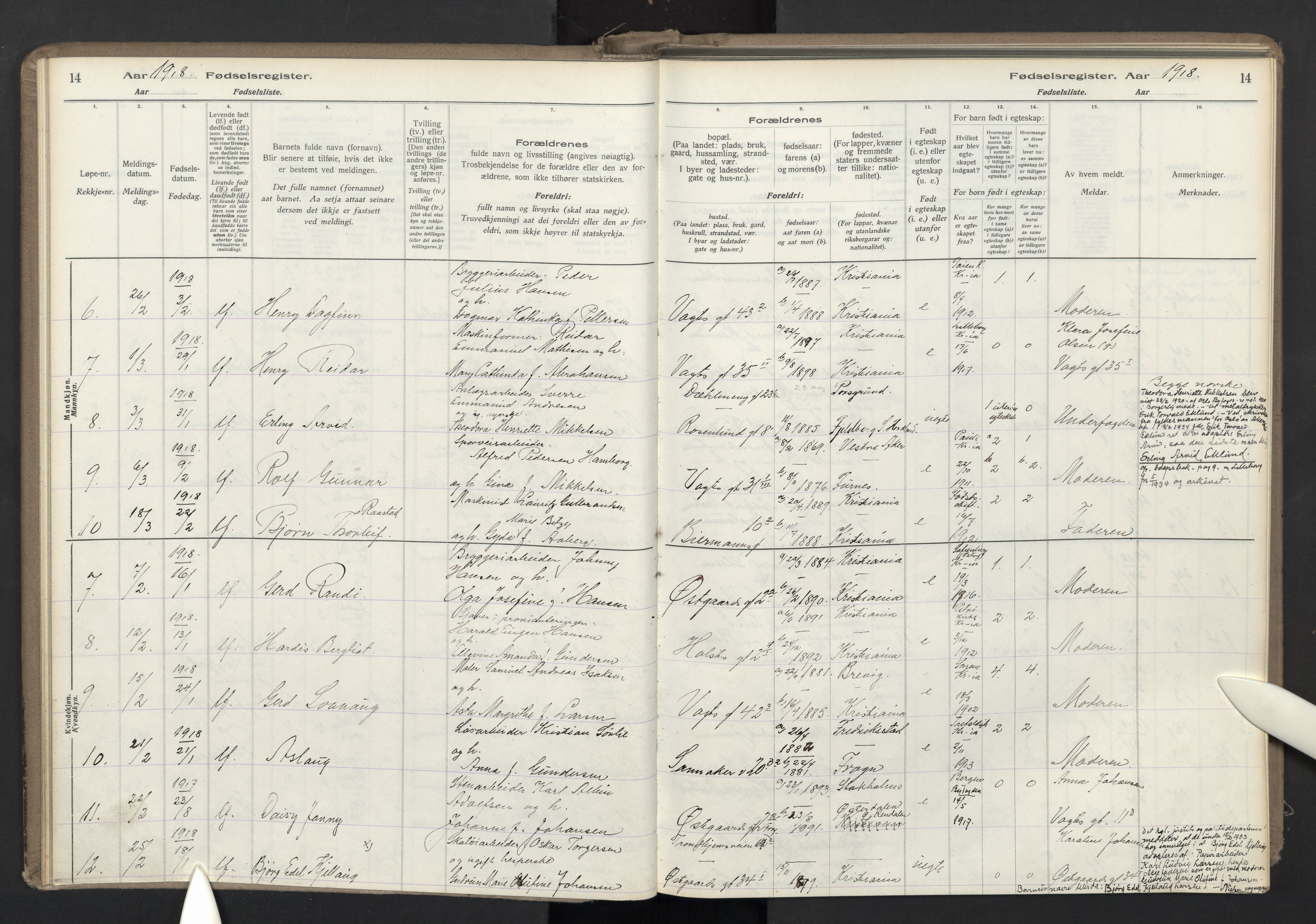 Lilleborg prestekontor Kirkebøker, AV/SAO-A-10343a/J/L0001: Fødselsregister nr. 1, 1917-1944, s. 14