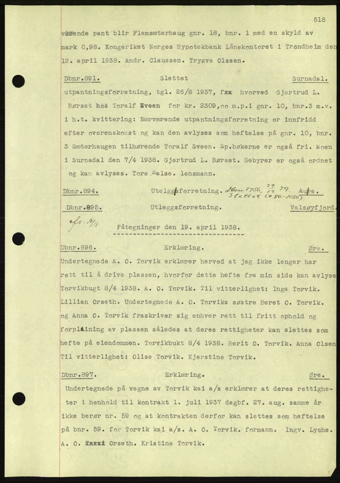 Nordmøre sorenskriveri, SAT/A-4132/1/2/2Ca: Pantebok nr. C80, 1936-1939, Dagboknr: 891/1938
