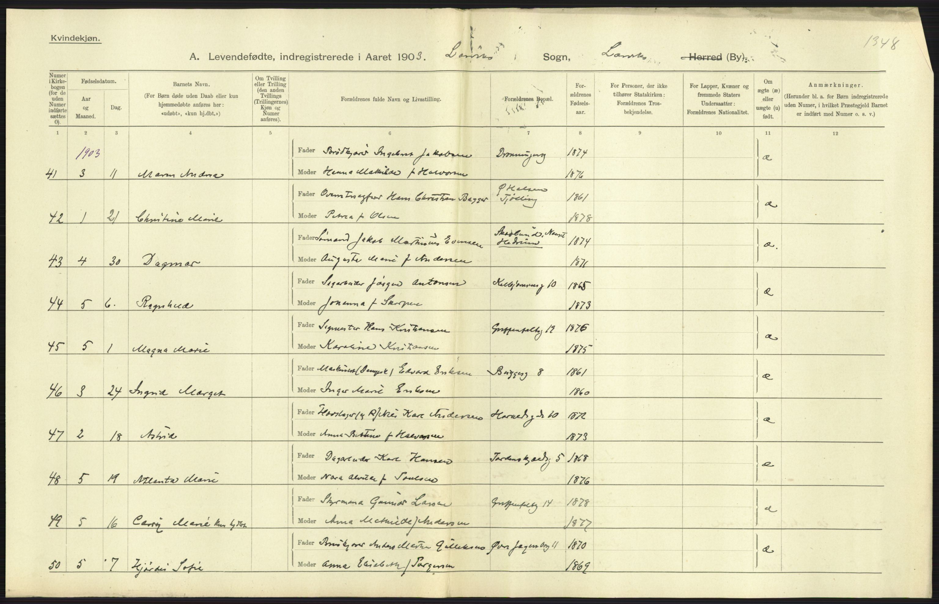 Statistisk sentralbyrå, Sosiodemografiske emner, Befolkning, AV/RA-S-2228/D/Df/Dfa/Dfaa/L0008: Jarlsberg og Larvik amt: Fødte, gifte, døde, 1903, s. 259