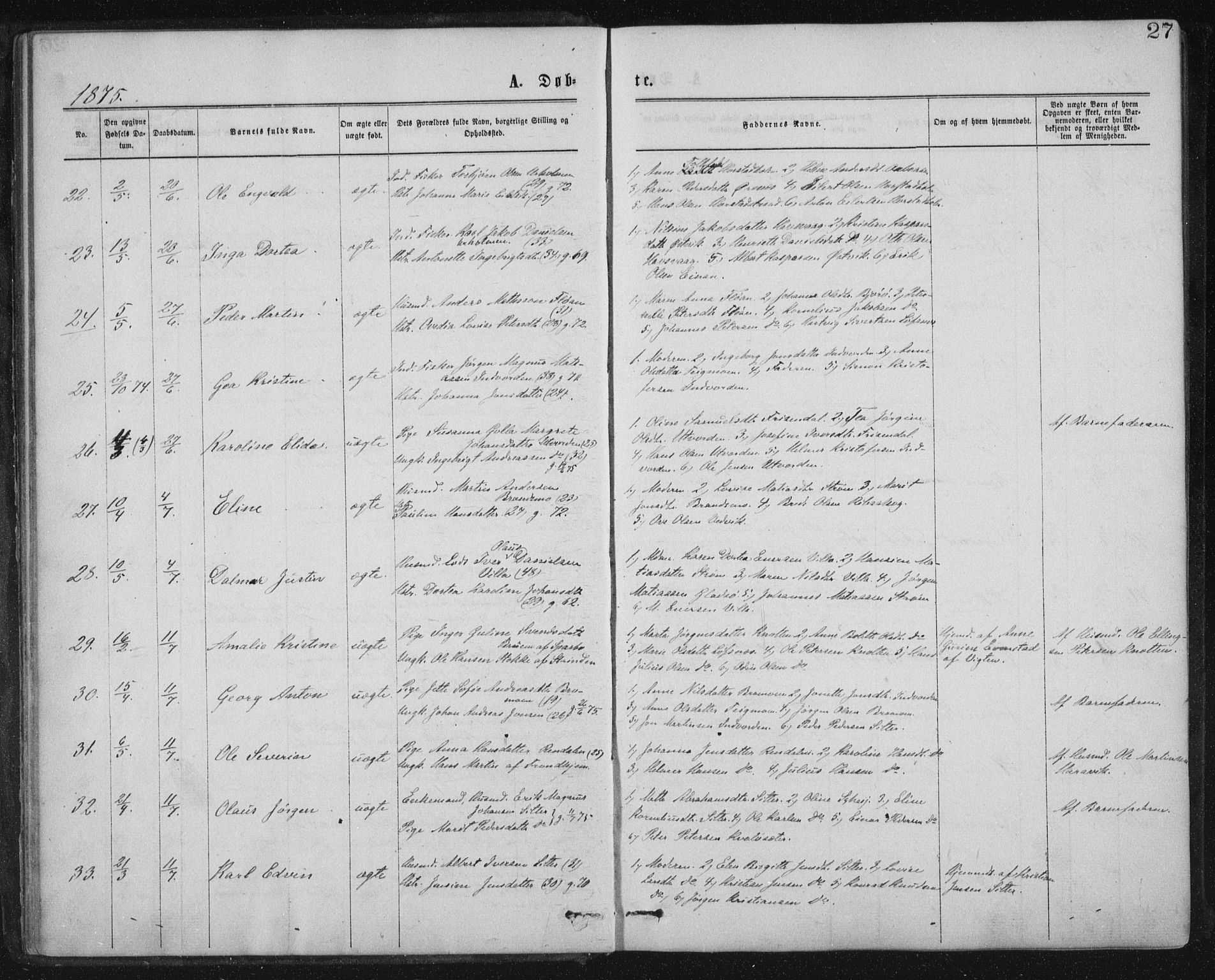 Ministerialprotokoller, klokkerbøker og fødselsregistre - Nord-Trøndelag, AV/SAT-A-1458/771/L0596: Ministerialbok nr. 771A03, 1870-1884, s. 27