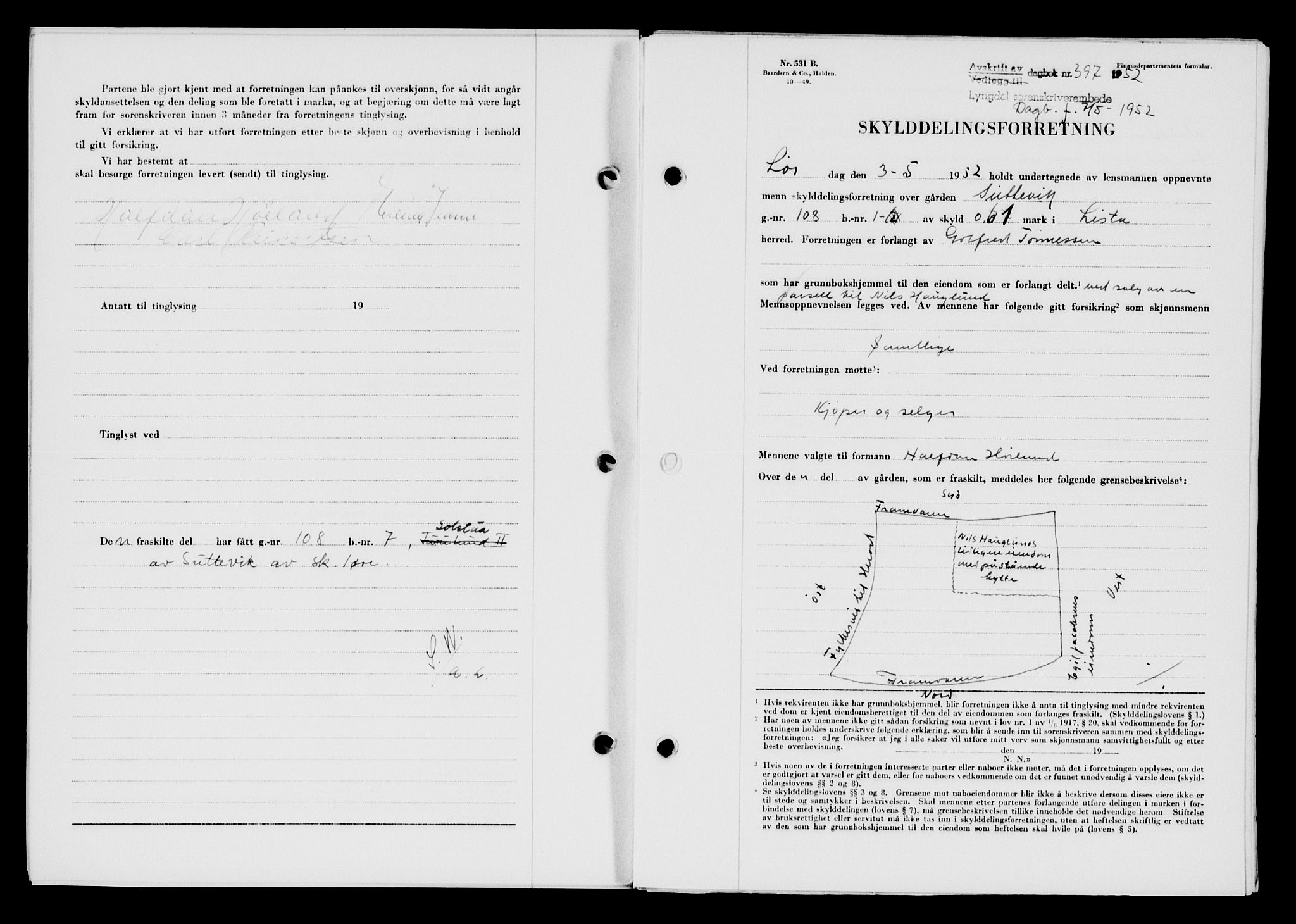 Lyngdal sorenskriveri, AV/SAK-1221-0004/G/Gb/L0667: Pantebok nr. A XIII, 1951-1952, Dagboknr: 397/1952