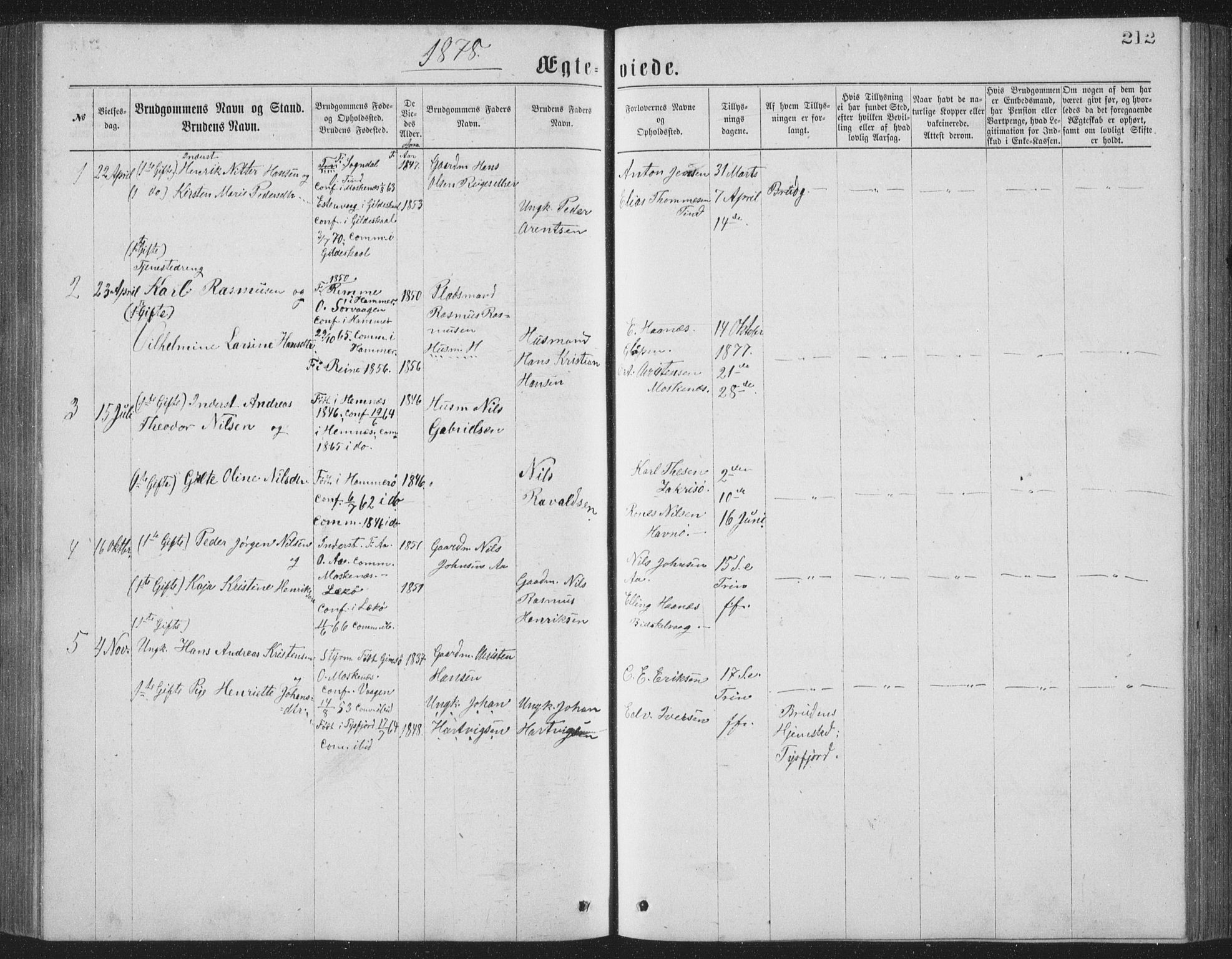 Ministerialprotokoller, klokkerbøker og fødselsregistre - Nordland, AV/SAT-A-1459/886/L1225: Klokkerbok nr. 886C02, 1874-1896, s. 212