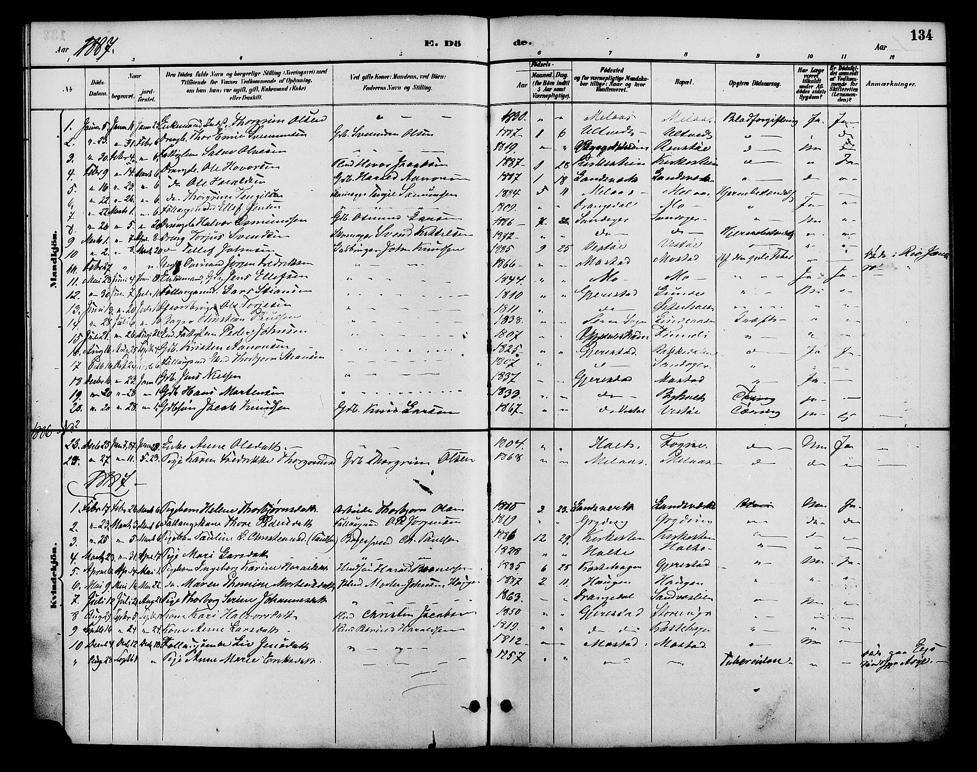 Gjerstad sokneprestkontor, SAK/1111-0014/F/Fa/Faa/L0009: Ministerialbok nr. A 9, 1885-1890, s. 134