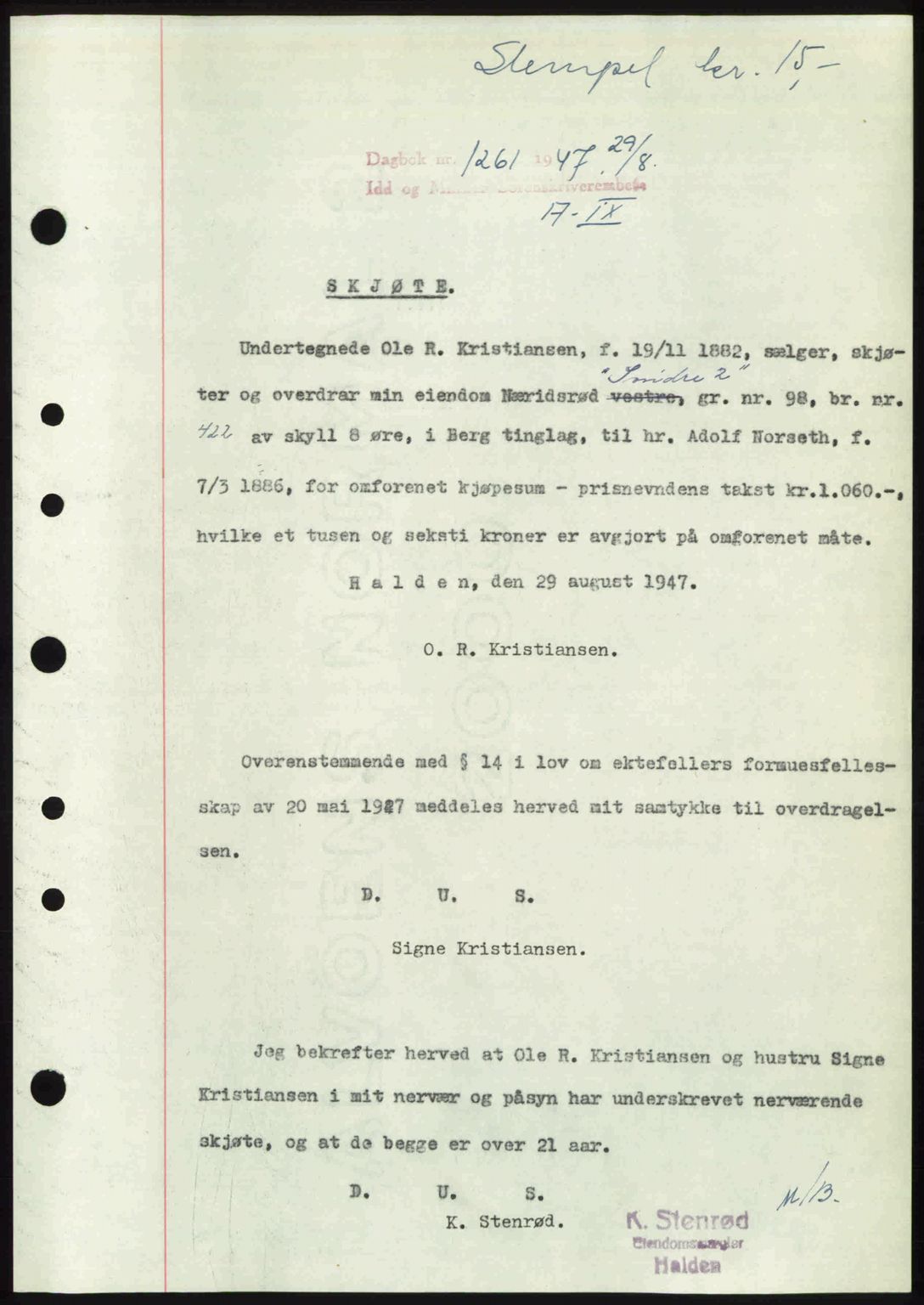 Idd og Marker sorenskriveri, SAO/A-10283/G/Gb/Gbb/L0009: Pantebok nr. A9, 1946-1947, Dagboknr: 1261/1947
