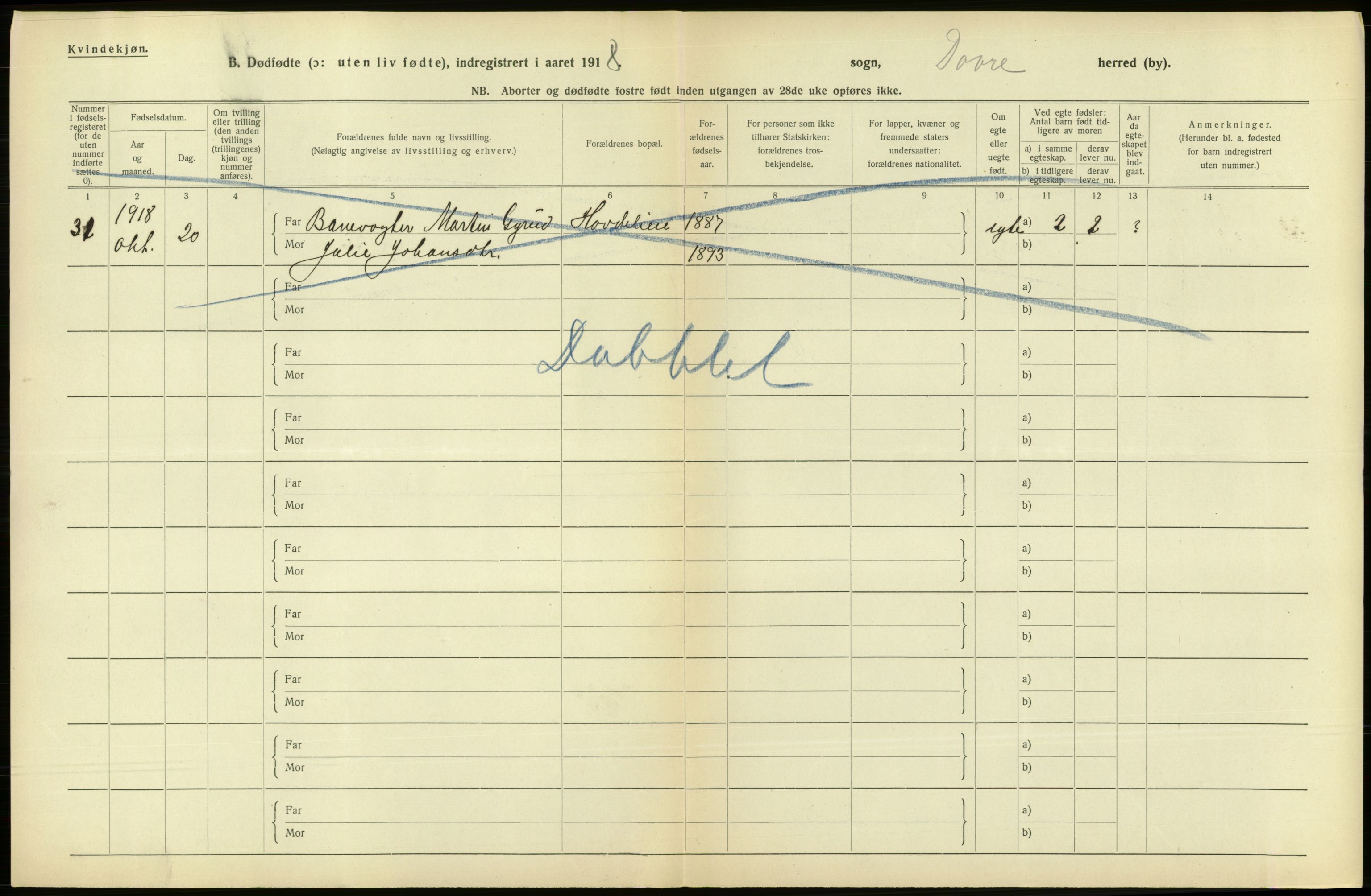 Statistisk sentralbyrå, Sosiodemografiske emner, Befolkning, RA/S-2228/D/Df/Dfb/Dfbh/L0016: Oppland fylke: Gifte, dødfødte. Bygder og byer., 1918, s. 323