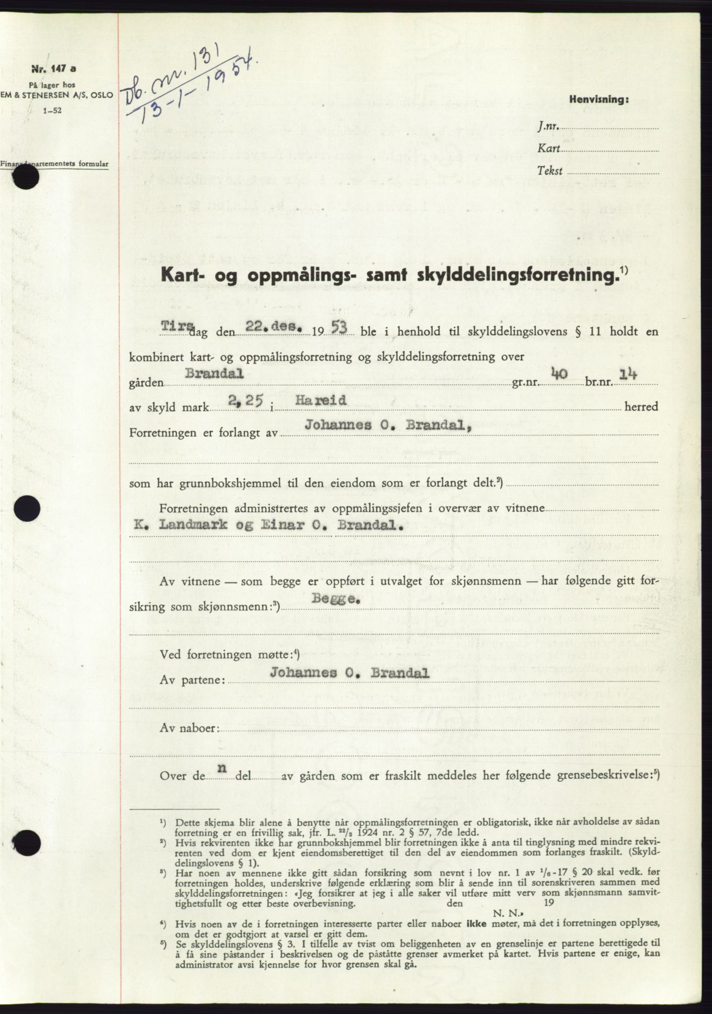 Søre Sunnmøre sorenskriveri, SAT/A-4122/1/2/2C/L0096: Pantebok nr. 22A, 1953-1954, Dagboknr: 131/1954