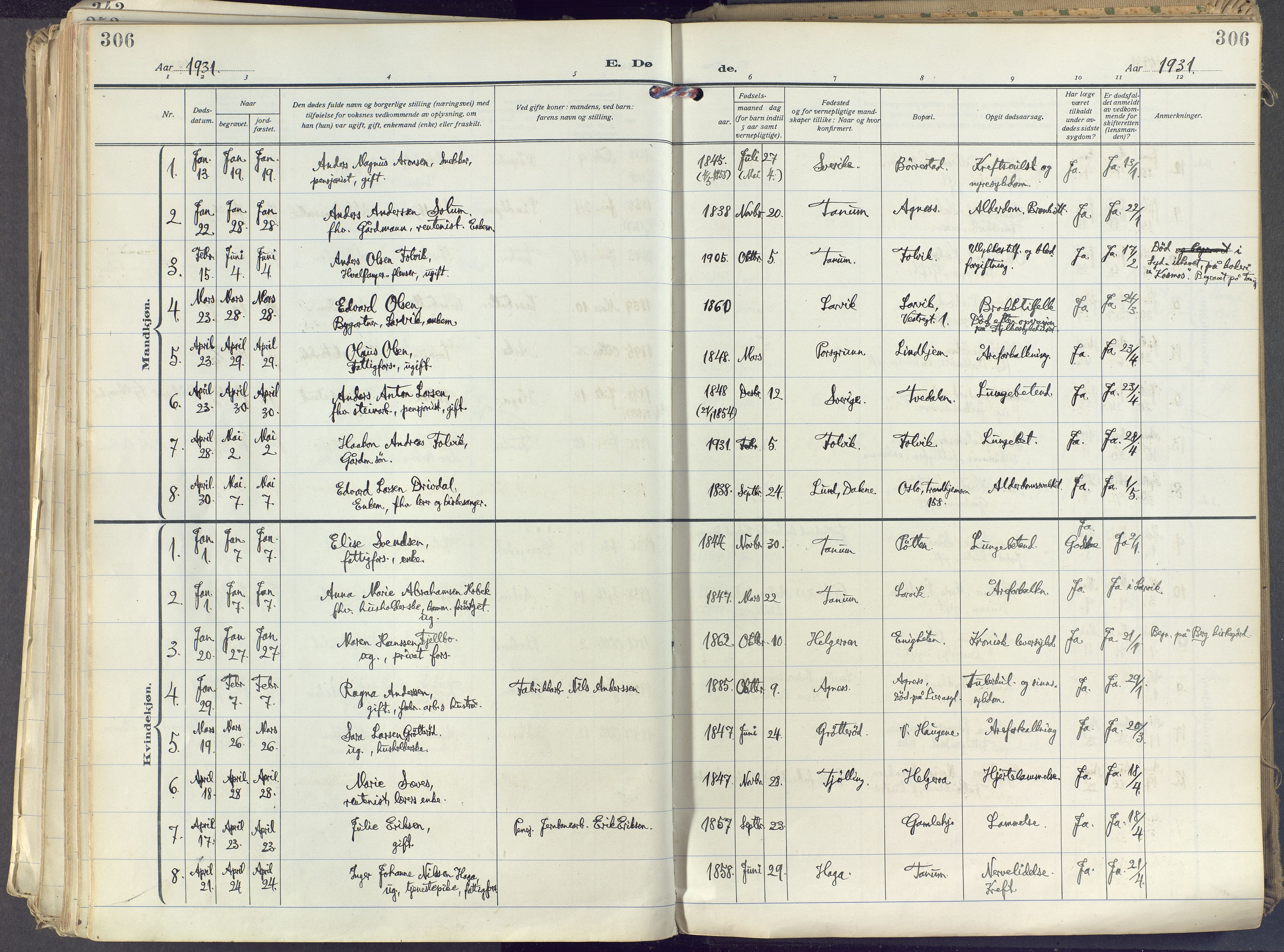 Brunlanes kirkebøker, SAKO/A-342/F/Fc/L0004: Ministerialbok nr. III 4, 1923-1943, s. 306