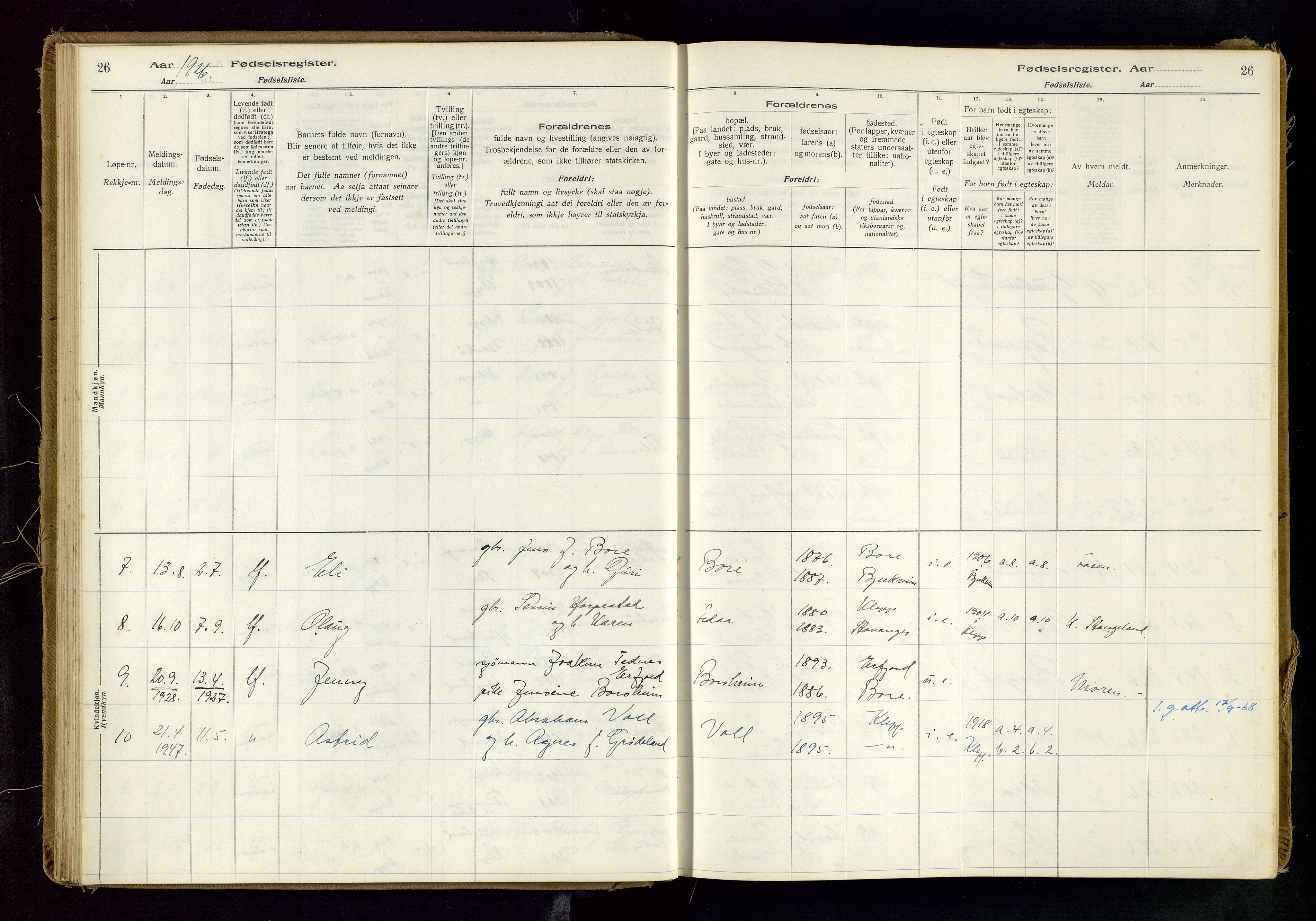 Klepp sokneprestkontor, AV/SAST-A-101803/001/704BAB/L0001: Fødselsregister nr. 1, 1916-1976, s. 26