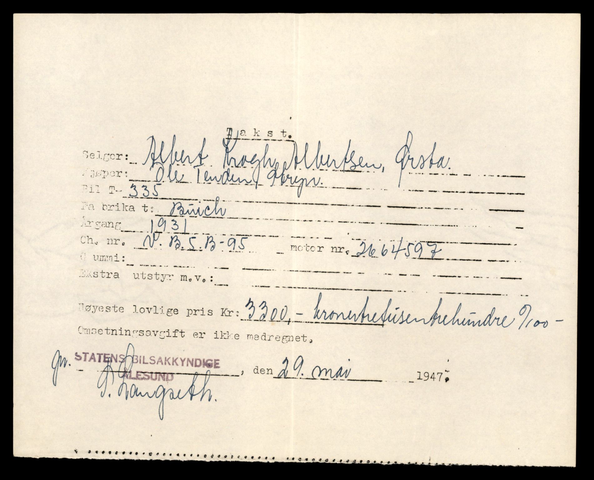 Møre og Romsdal vegkontor - Ålesund trafikkstasjon, AV/SAT-A-4099/F/Fe/L0003: Registreringskort for kjøretøy T 232 - T 340, 1927-1998, s. 2480