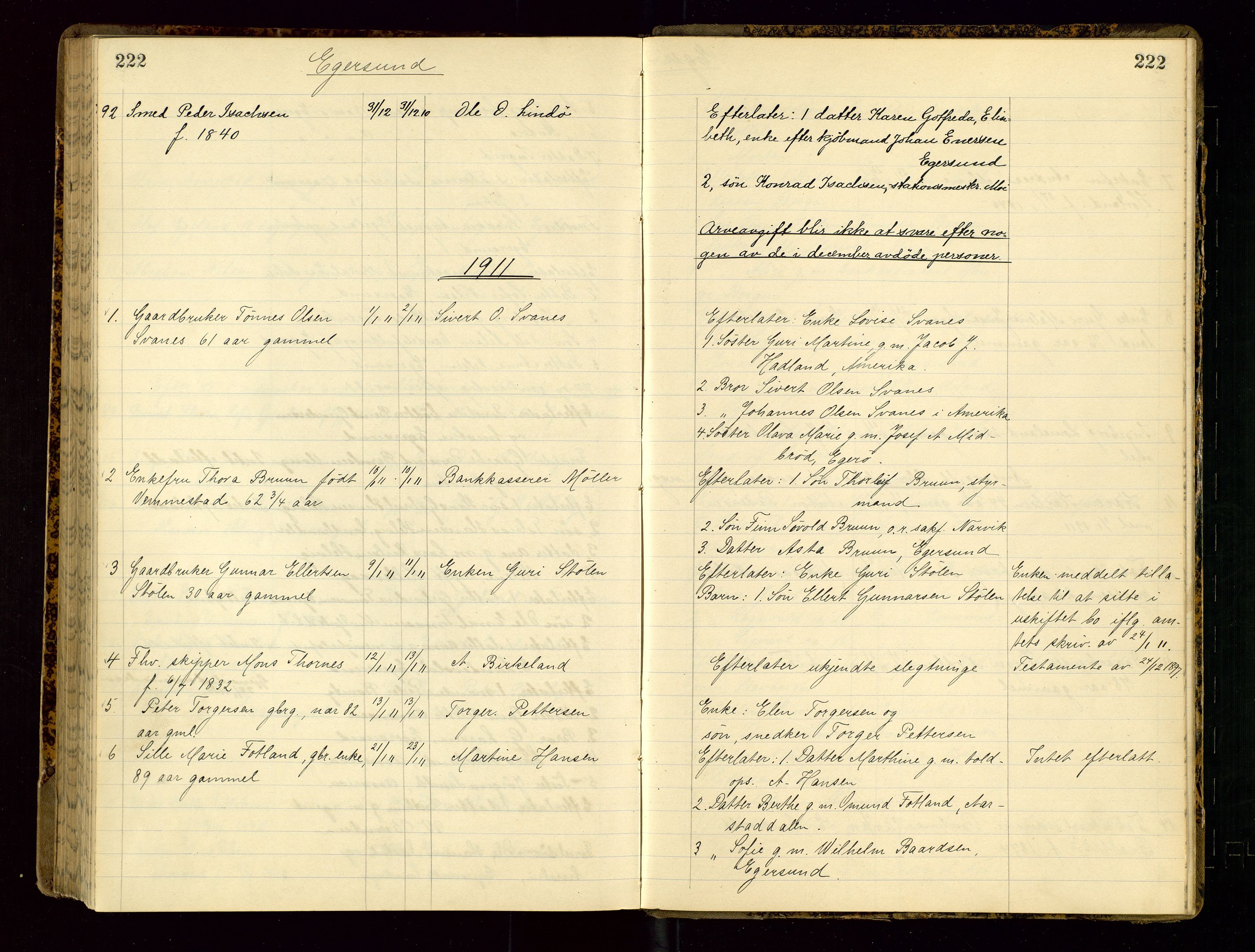 Dalane sorenskriveri, AV/SAST-A-100309/001/5/52/L0001: DØDSFALLPROTOKOLL, 1904-1911, s. 222