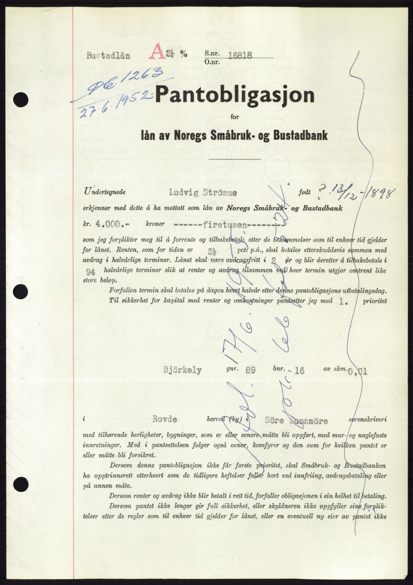 Søre Sunnmøre sorenskriveri, AV/SAT-A-4122/1/2/2C/L0121: Pantebok nr. 9B, 1951-1952, Dagboknr: 1263/1952