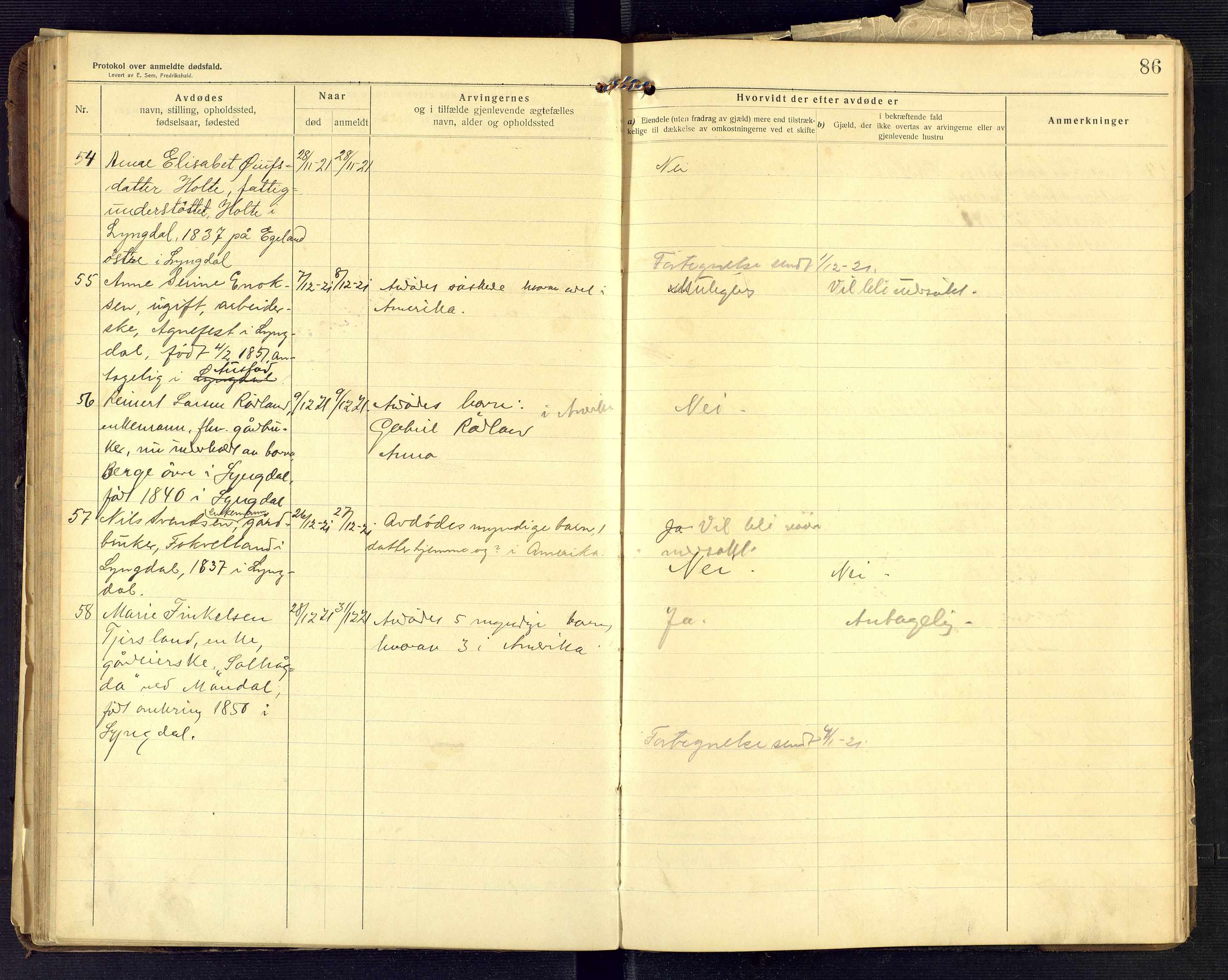 Lyngdal lensmannskontor, AV/SAK-1241-0031/F/Fe/L0001/0003: Dødsfall nr 8 / Dødsfallsprotokoll, 1914-1923, s. 86