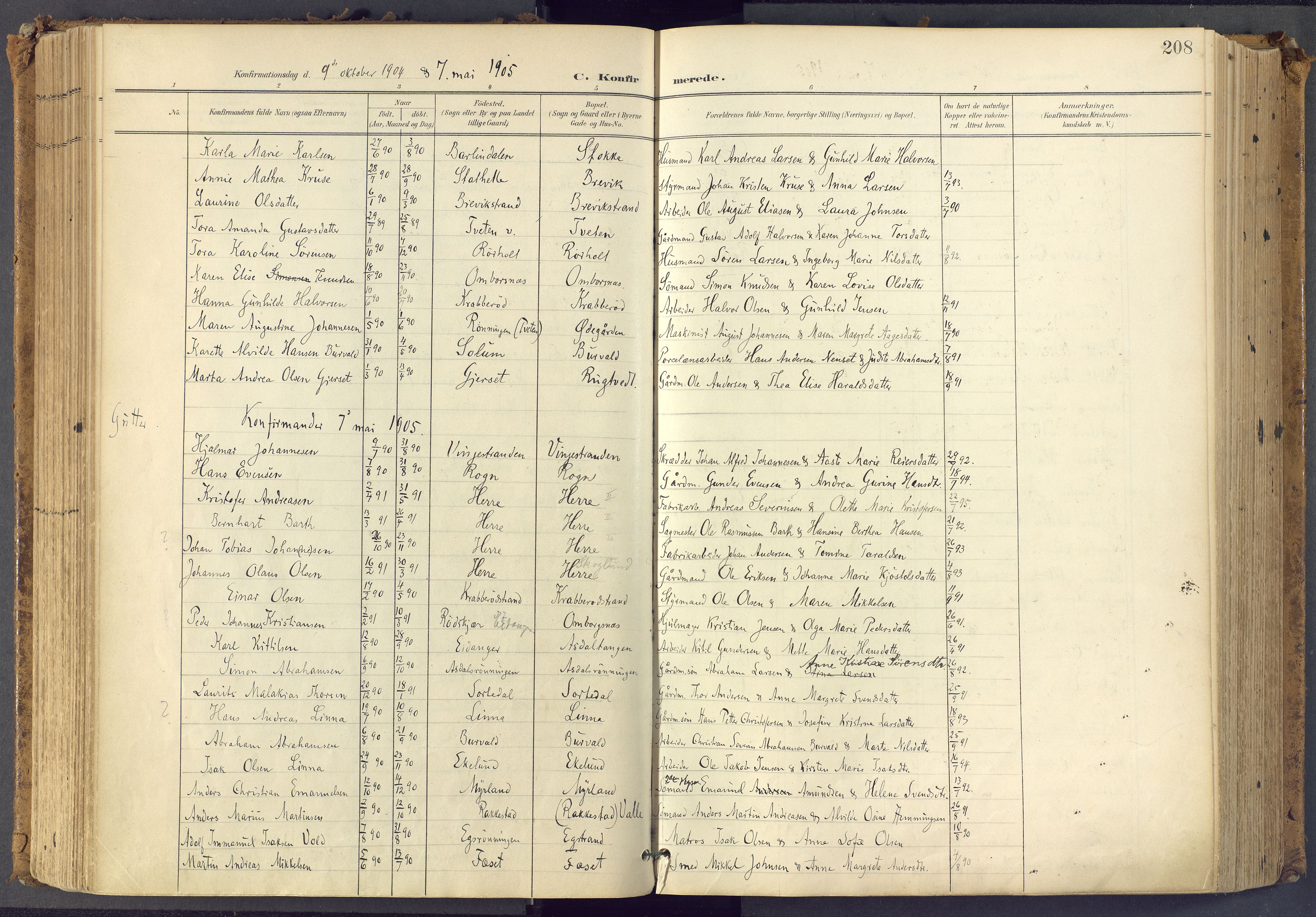 Bamble kirkebøker, AV/SAKO-A-253/F/Fa/L0009: Ministerialbok nr. I 9, 1901-1917, s. 208