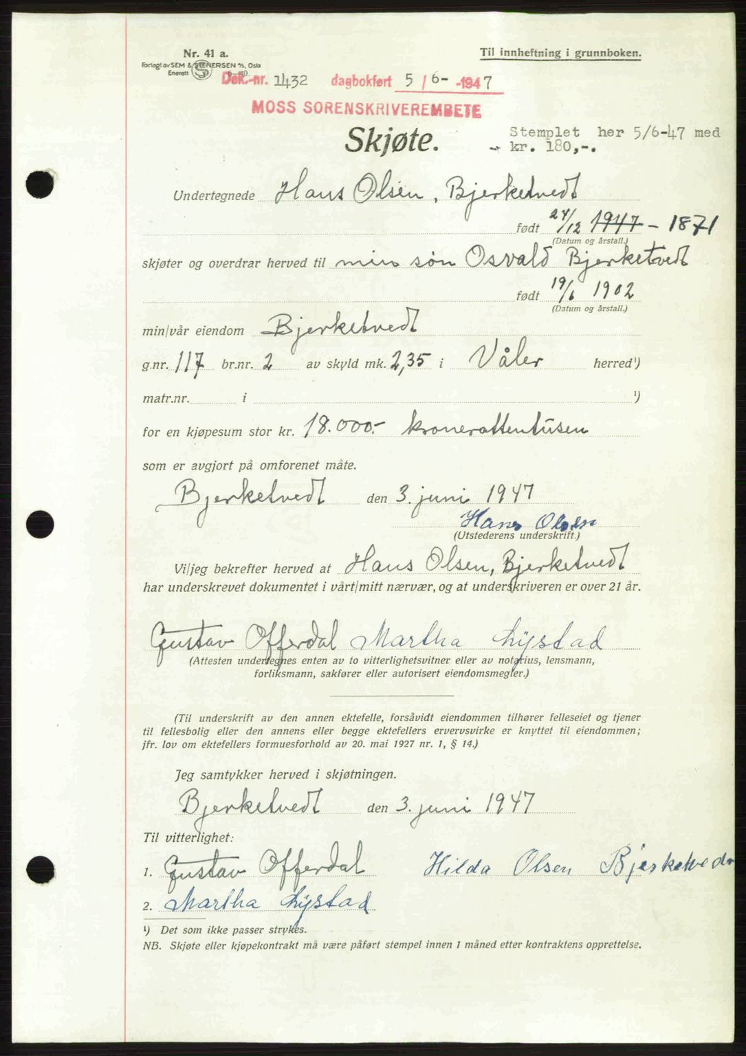 Moss sorenskriveri, SAO/A-10168: Pantebok nr. A17, 1947-1947, Dagboknr: 1432/1947