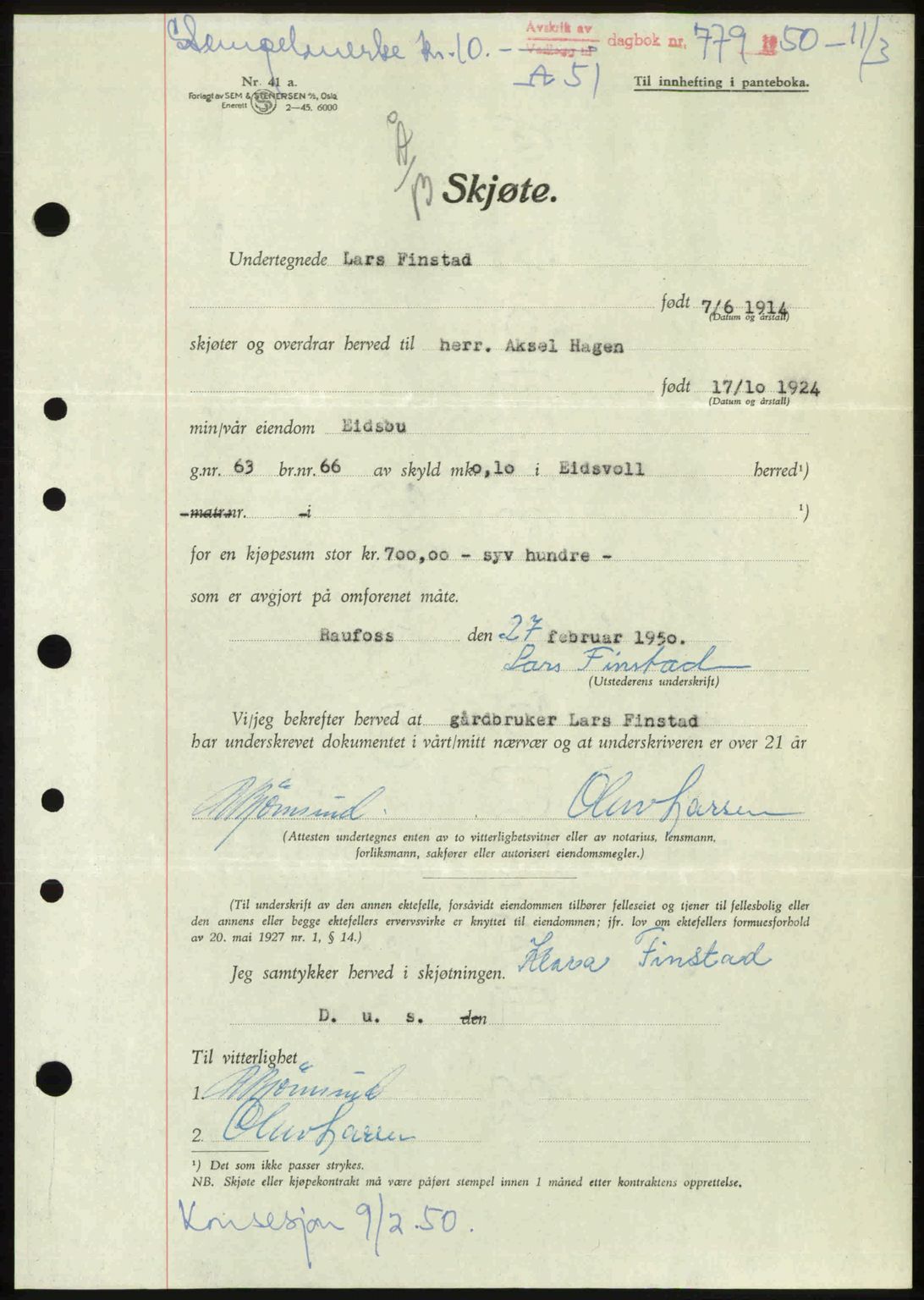 Eidsvoll tingrett, AV/SAO-A-10371/G/Gb/Gbb/L0023: Pantebok nr. A51, 1949-1950, Dagboknr: 779/1950