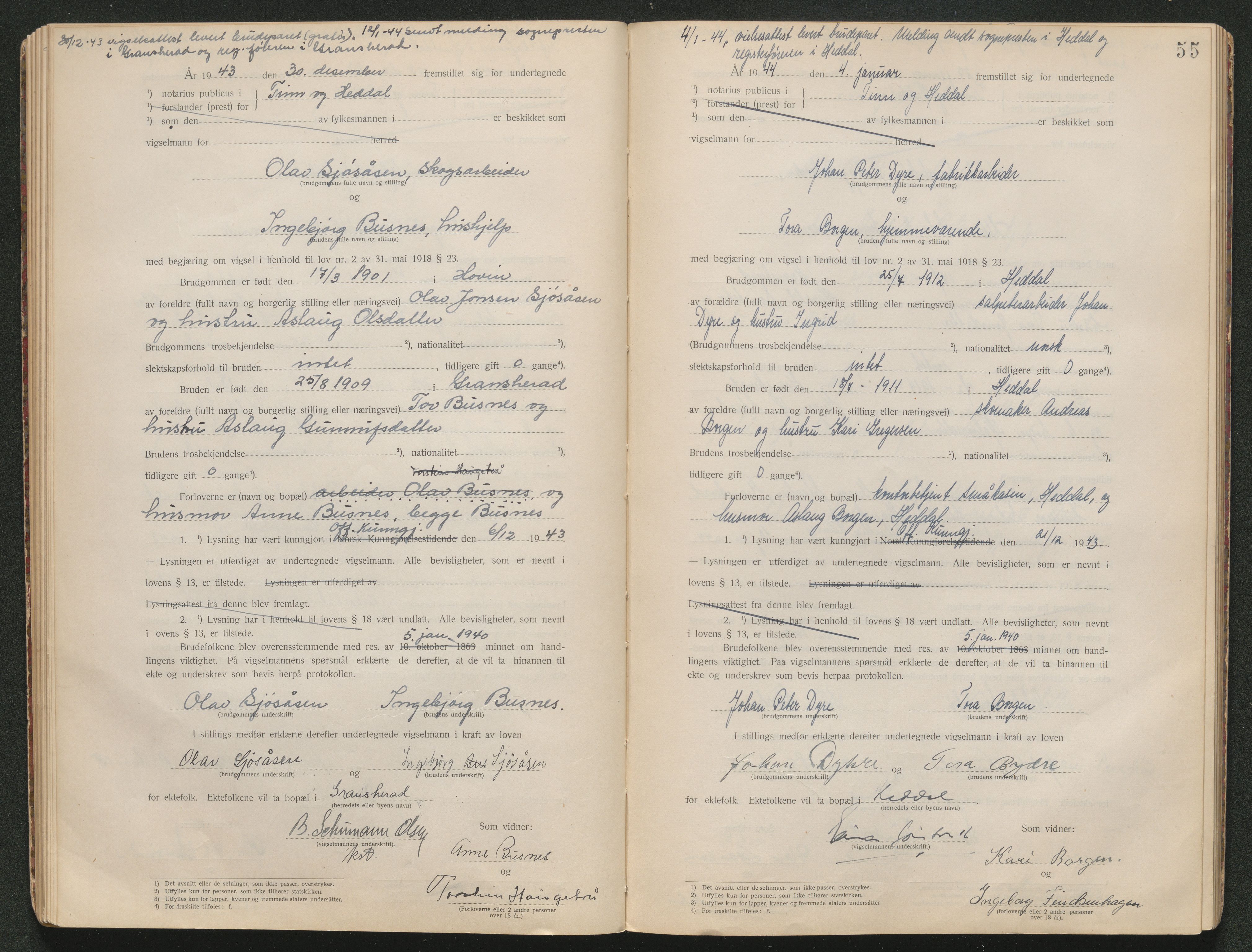 Tinn og Heddal sorenskriveri, AV/SAKO-A-212/L/La/L0003: Vigselsbok - , 1920-1945, s. 55