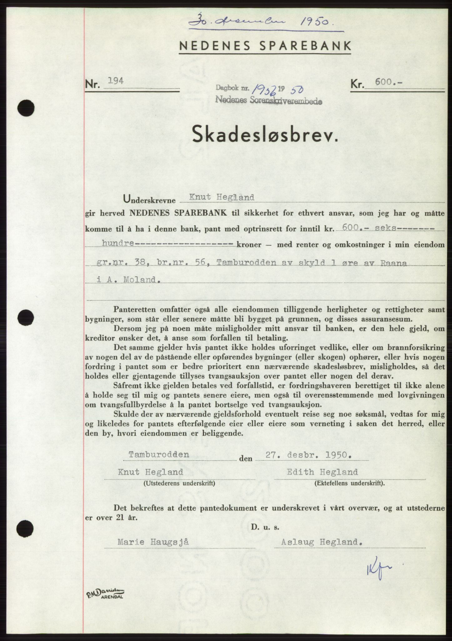 Nedenes sorenskriveri, SAK/1221-0006/G/Gb/Gbb/L0008: Pantebok nr. B8, 1950-1950, Dagboknr: 1956/1950