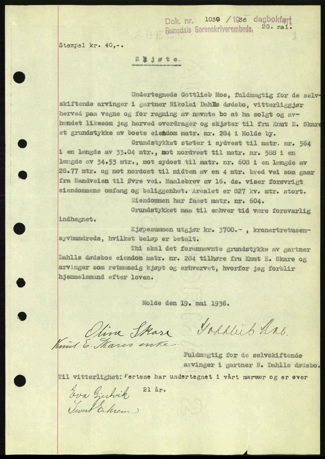 Romsdal sorenskriveri, SAT/A-4149/1/2/2C: Pantebok nr. A1, 1936-1936, Dagboknr: 1030/1936