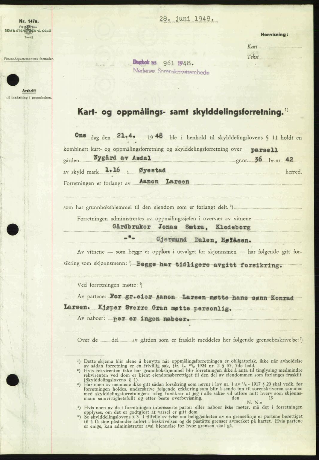 Nedenes sorenskriveri, AV/SAK-1221-0006/G/Gb/Gba/L0059: Pantebok nr. A11, 1948-1948, Dagboknr: 961/1948