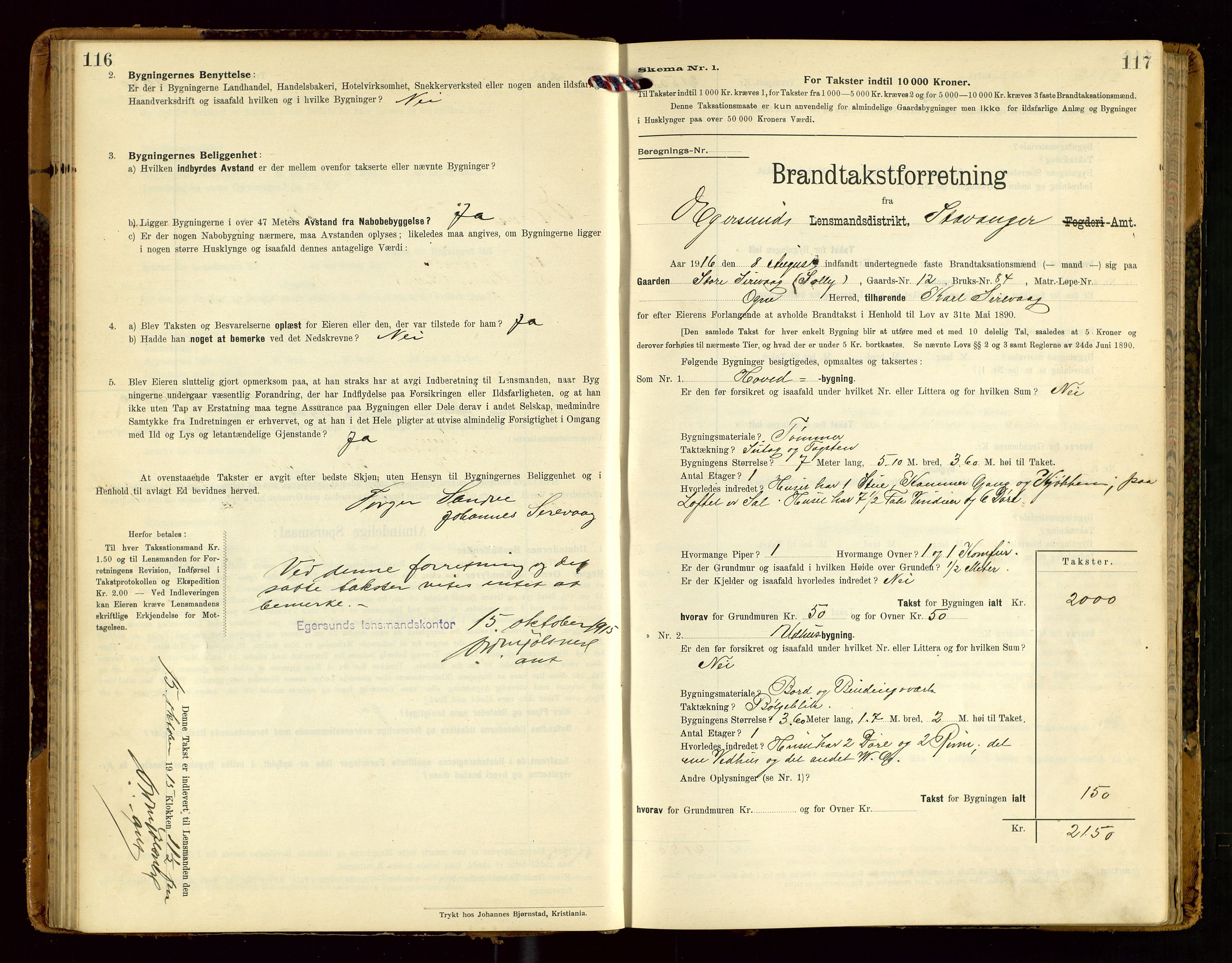 Eigersund lensmannskontor, SAST/A-100171/Gob/L0002: "Brandtakstprotokol", 1910-1916, s. 116-117